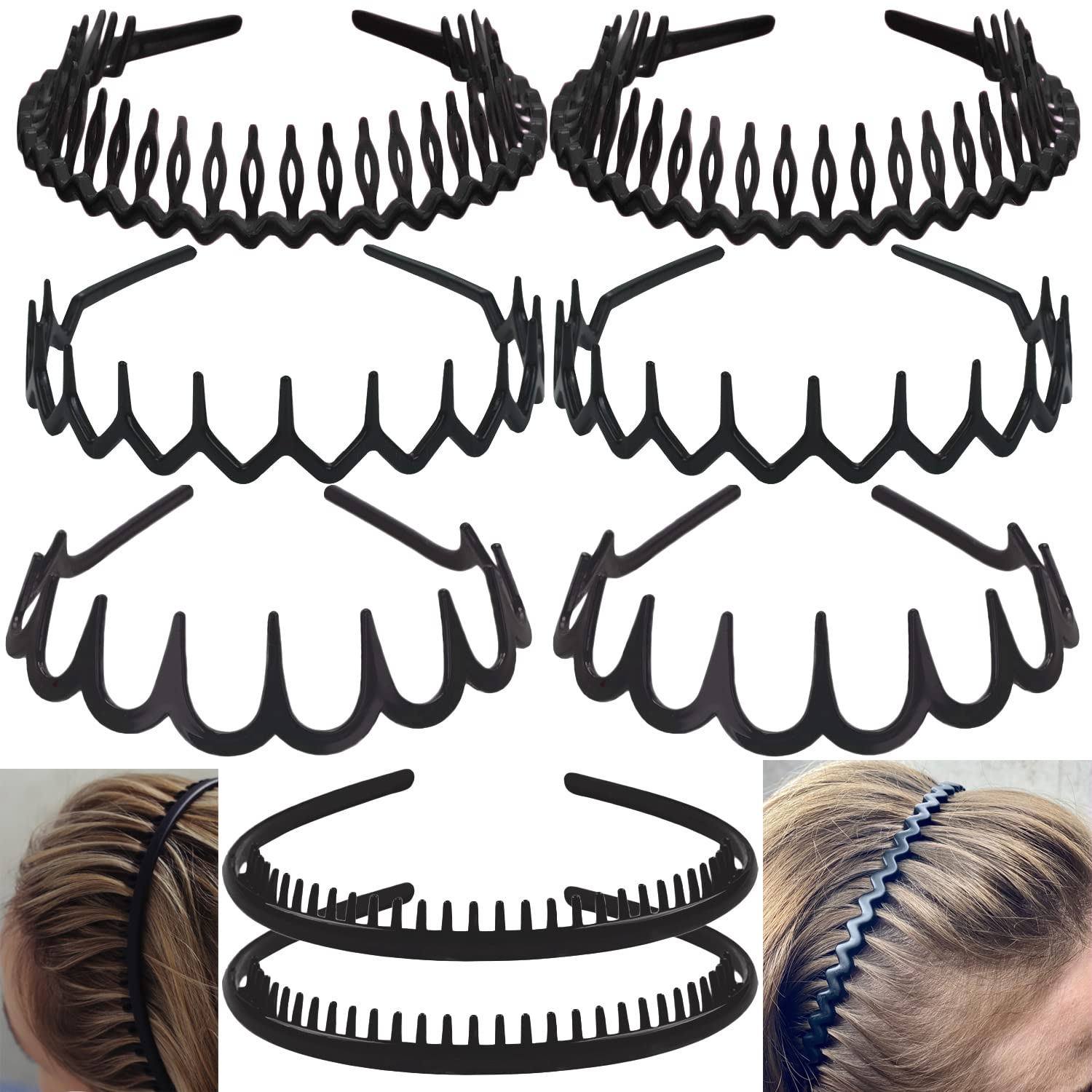 ULTIMUTE 8 PCS Fashion No Slip Effortless Plastic Headbands with Teeth Comb Black Skinny Hair Bands for Women Men Teen Girls, Ma