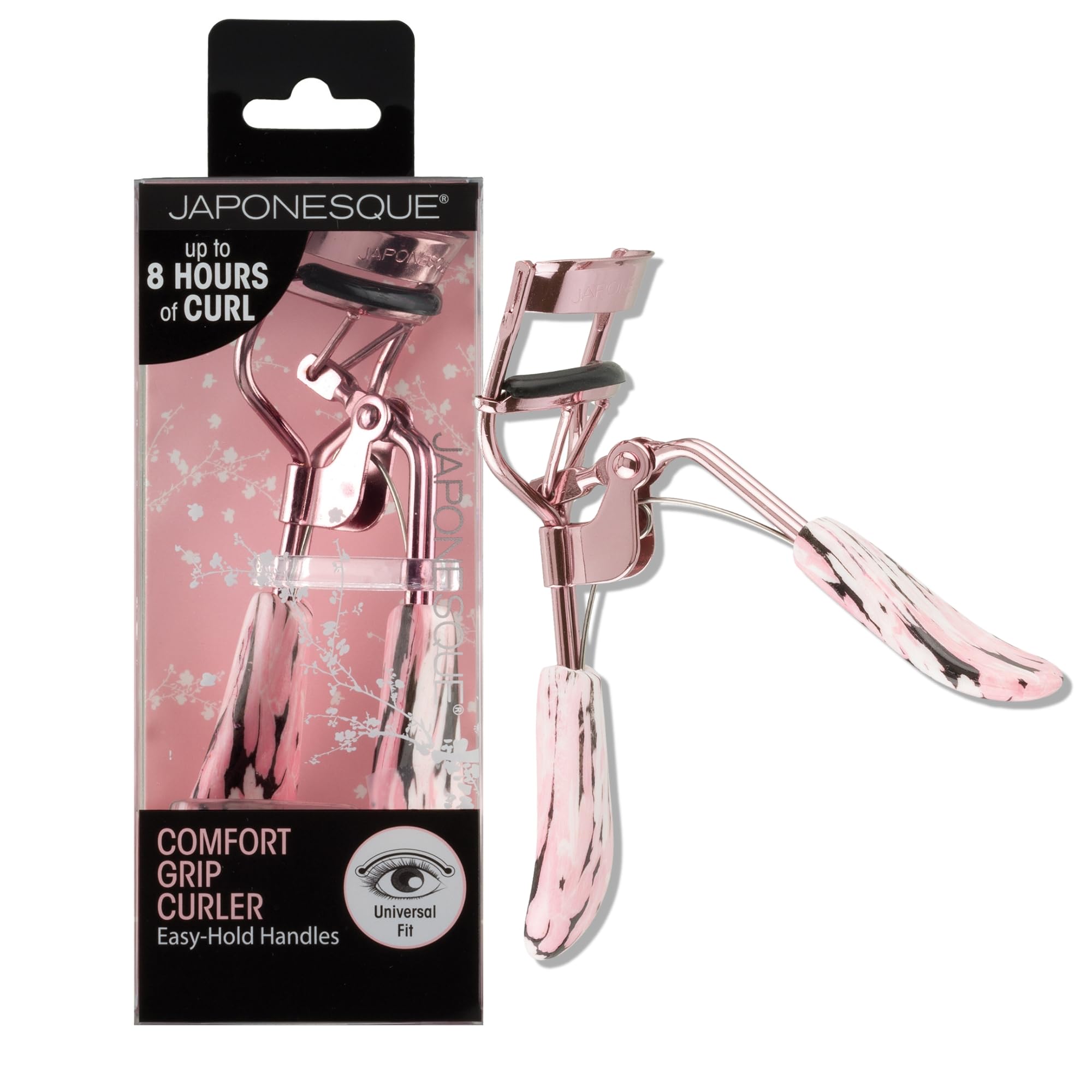 JAPONESQUE Comfort Grip Lash Curler for Natural & False Lashes, Round Shaped Eyes, Includes 1 Refill Pad, Holds Curl up to 8 Hou