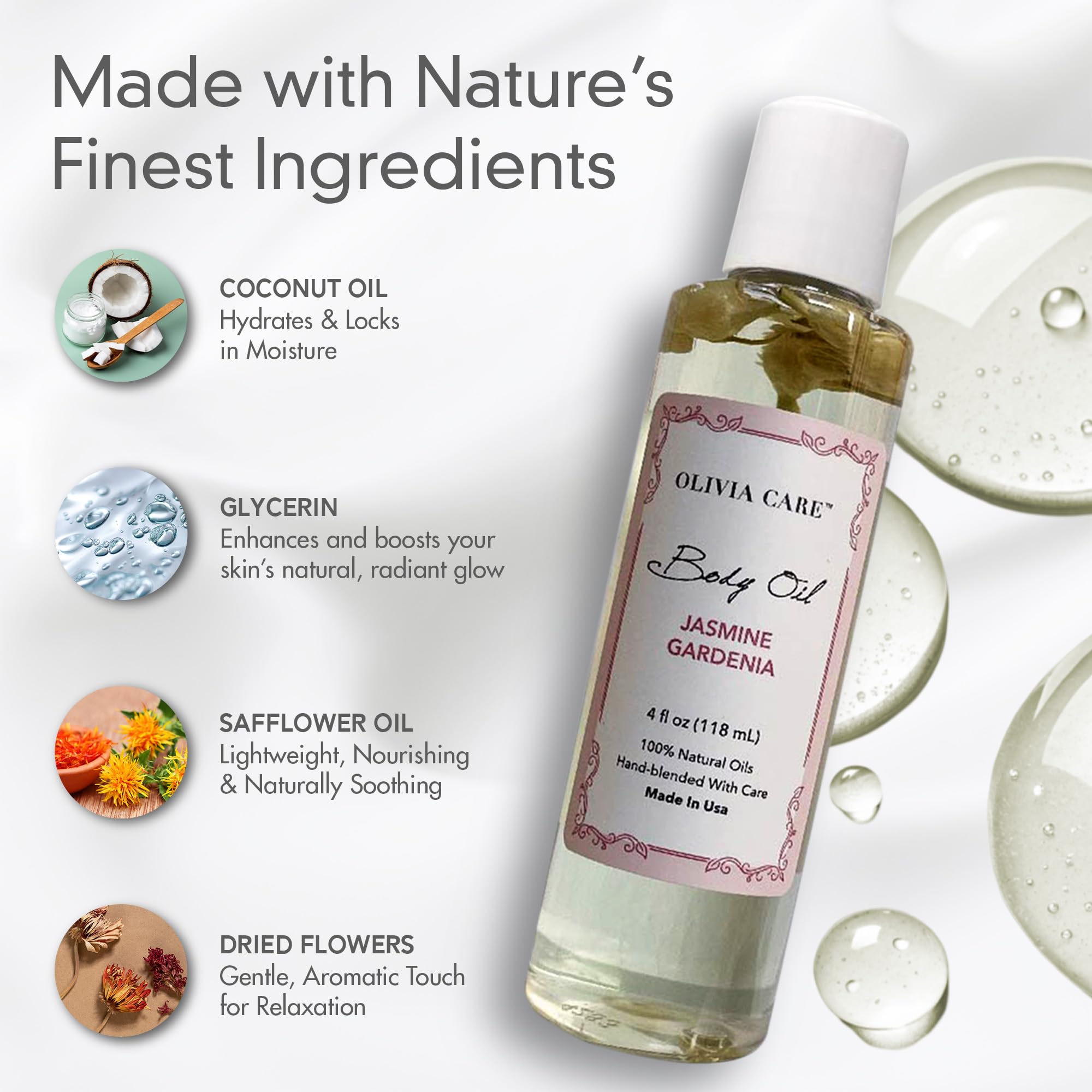 Olivia Care Jasmine Gardenia Body Oil Vegan & Natural Oil For Women | Hydrating & Moisturizing After Bath Oil - With Vitamin E,