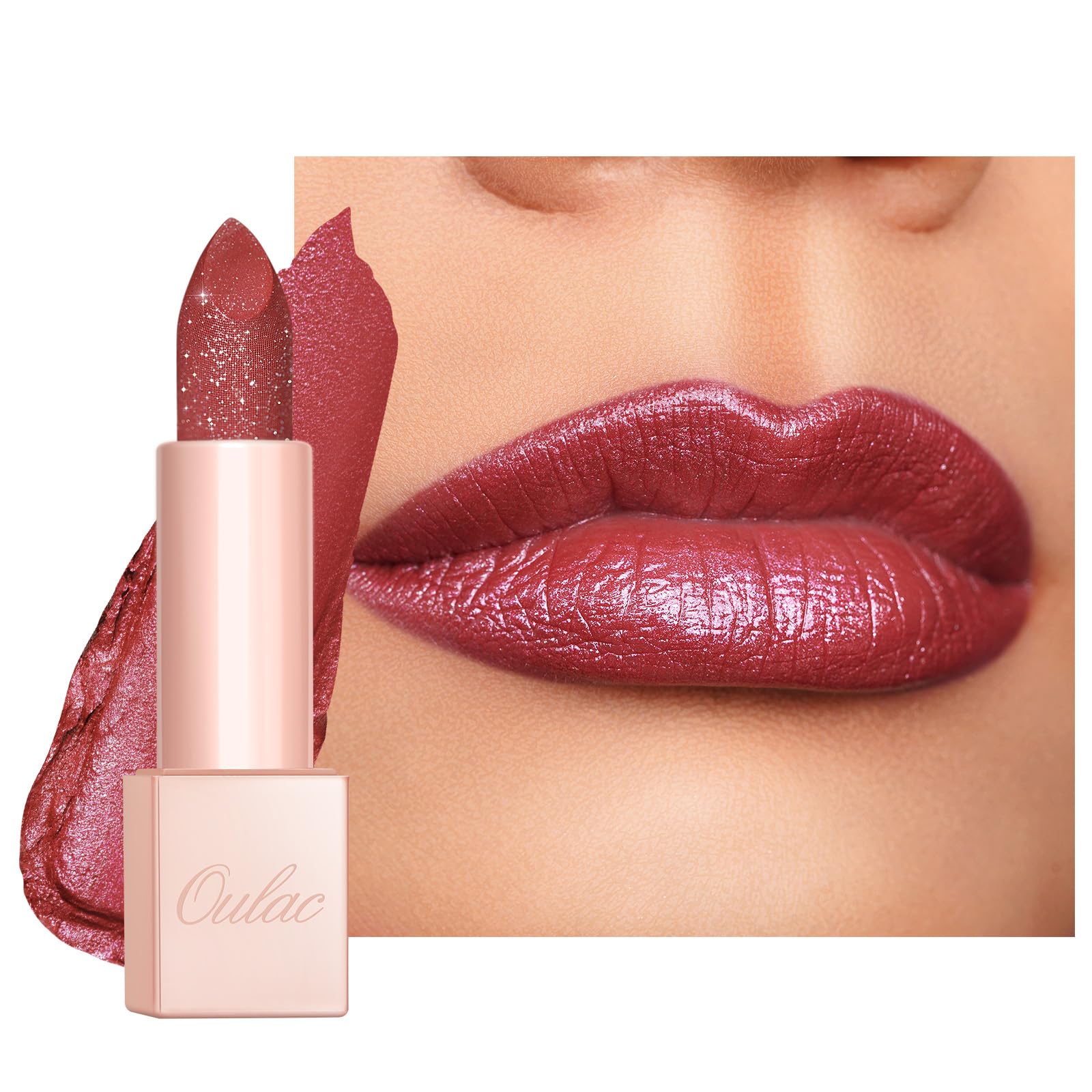 Oulac Shimmer Rose Lipstick for Women, Infinity High Shine Finish, Hydrating Lip Color Infused with Damask Rose Oil for All-Day 