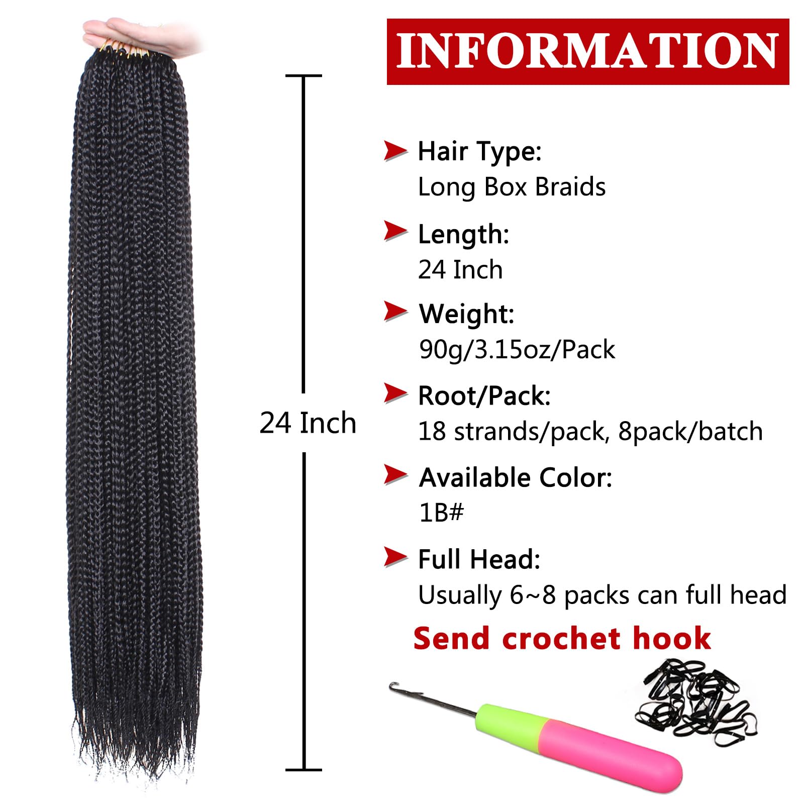 XTREND Box Braids Crochet Hair, 24 Inch, 8 Packs, Synthetic, Knotless, Boho Style, Color 1B#