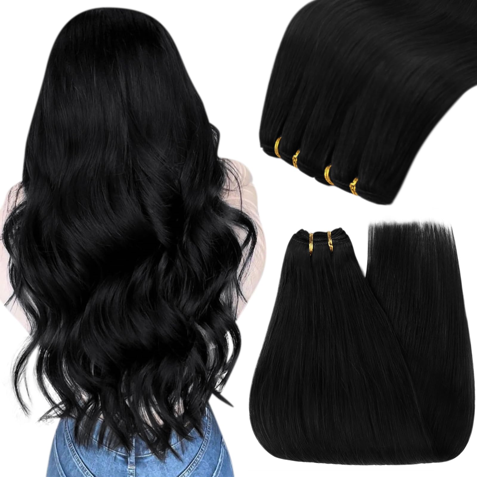 YoungSee 130G Sew in Hair Extensions Black Human Hair Extensions Weft Jet Black Real Hair Weft Extensions Long Human Hair Sew in