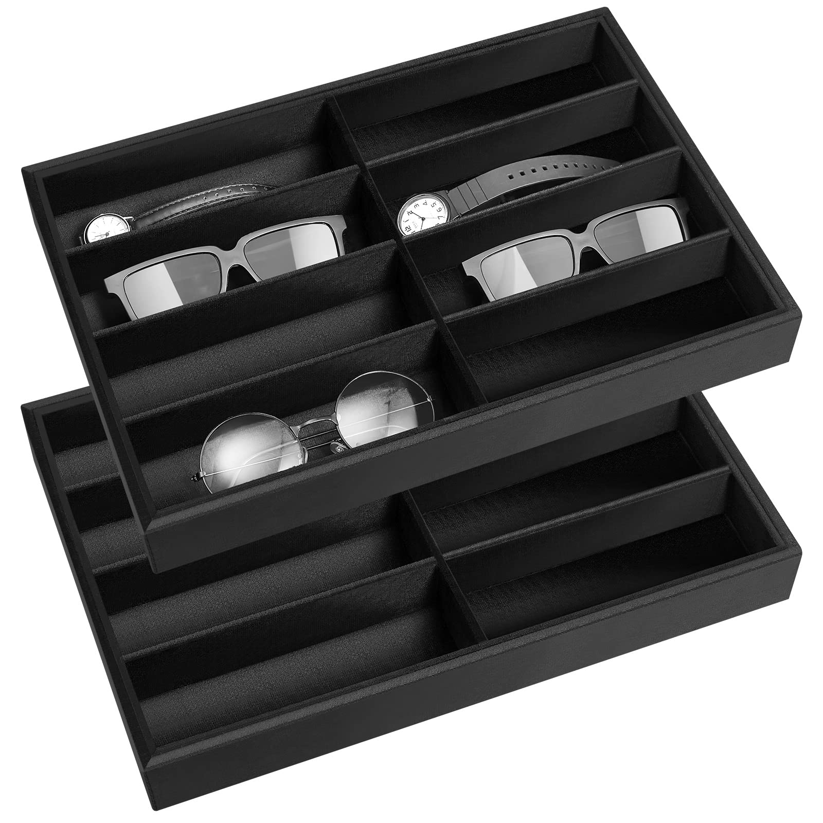Amylove 2 Pcs Sunglass Organizer Trays Glasses Stackable Jewelry Trays Sunglass Organizer Display Box(8 Grids,Black)