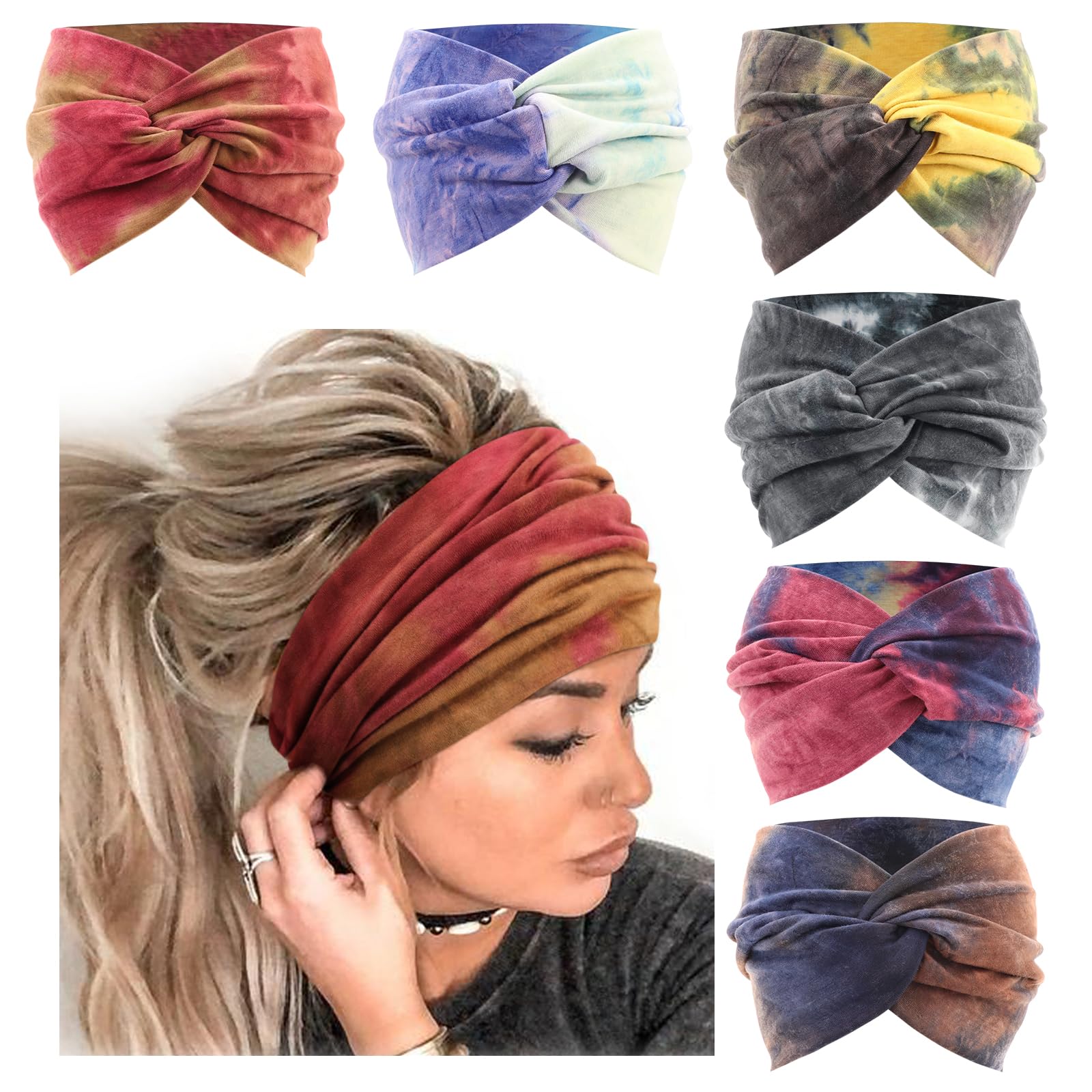 DRESHOW 6 Pack Extra Wide Headbands for Women Large Turban Headband Boho Head Wrap Elastic Hairbands Hair Twisted Knot Hair Acce