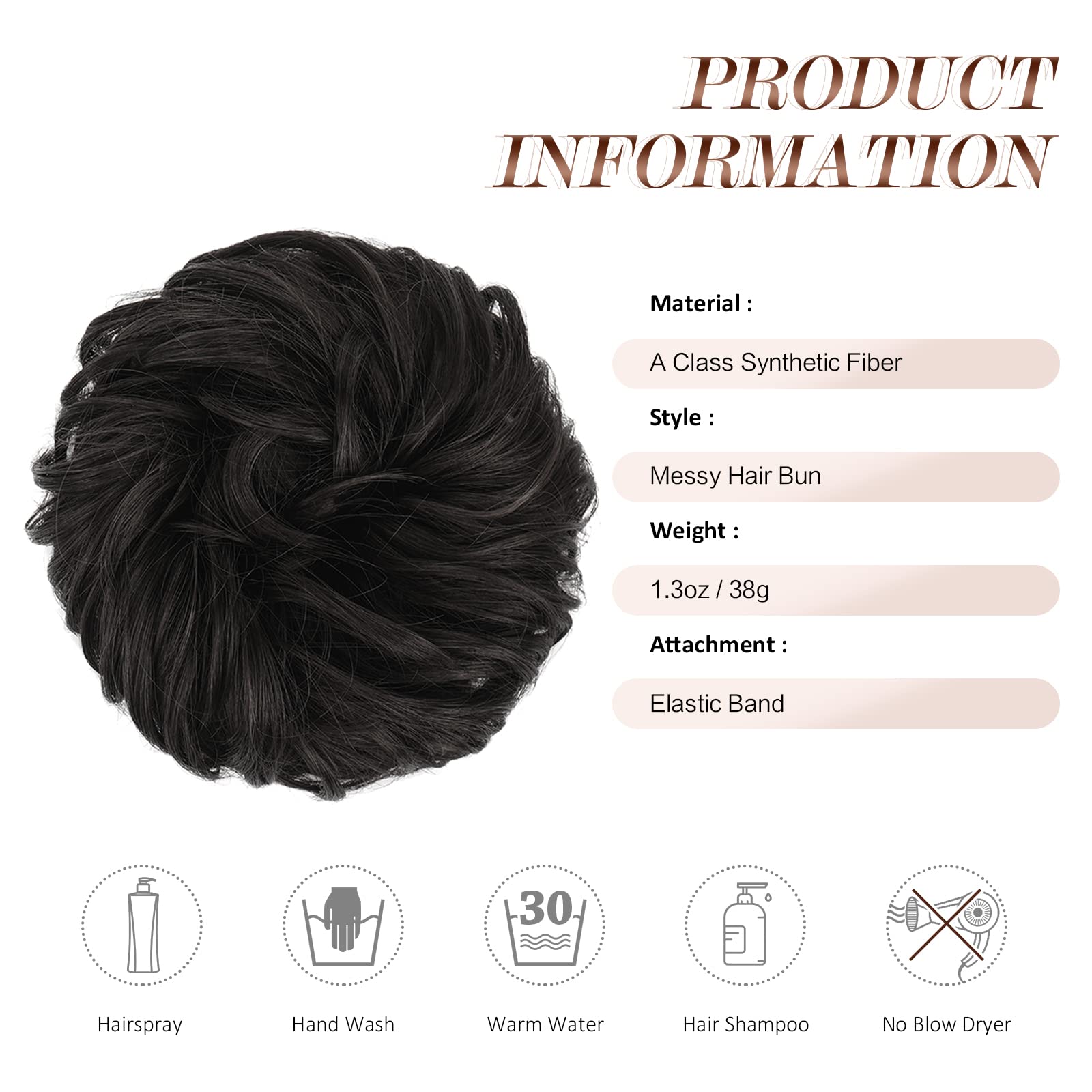 FESHFEN Messy Bun Hair Piece Hair Bun Scrunchies Darkest Brown Synthetic Wavy Chignon Ponytail Hair Extensions Thick Updo Hairpi