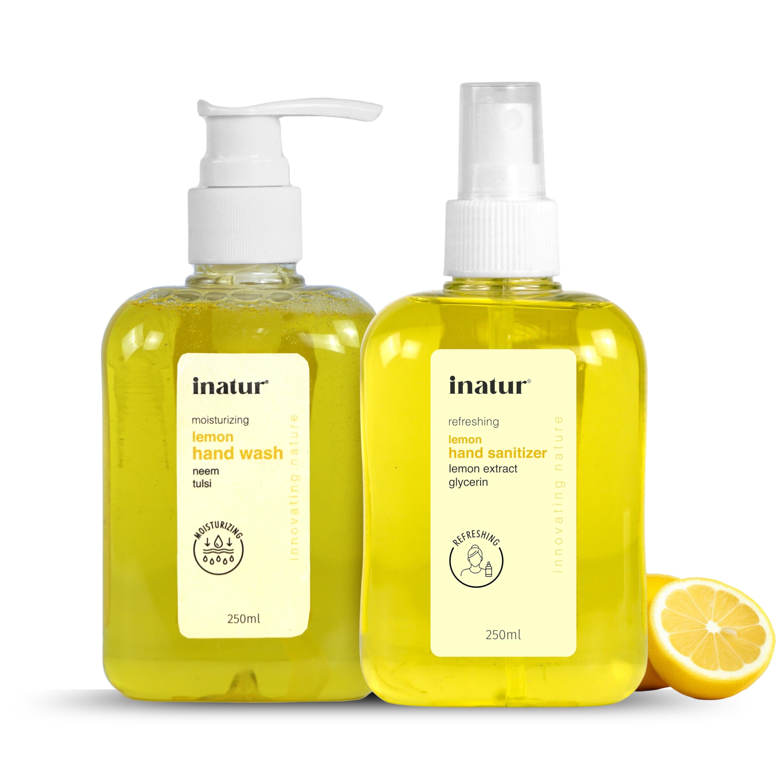 Inatur Hand Wash & Sanitizer Set  Moisturizing Lemon Hand Wash Pump + Refreshing Sanitizer Spray | 250Ml Each