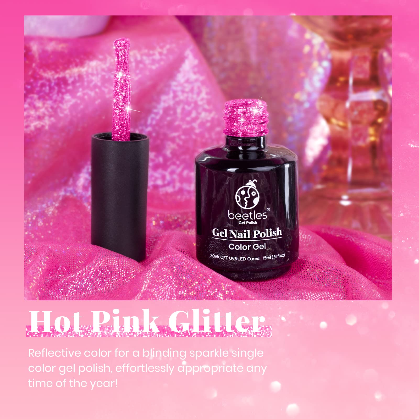Beetles Reflective Gel Nail Polish Pink Gel Polish, 15Ml Hot Pink Glitter Diamond Gel Color Soak Off Sparkle Gel Polish Uv Nail