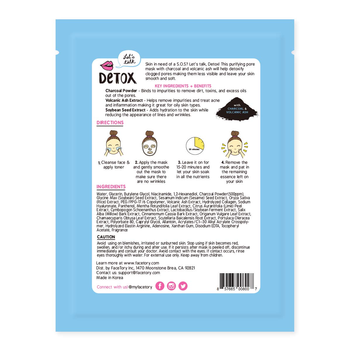 FACETORY K Beauty Face Mask Skin Care - LET'S TALK DETOX PURIFYING Sheet Mask with Charcoal & Volcanic Ash | Pore Refining Charc