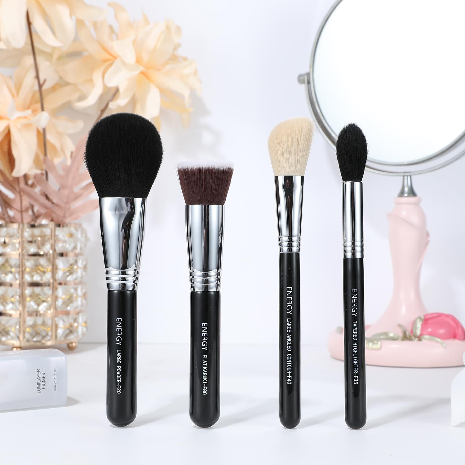 Energy Makeup Brush Set 4Pcs Premium Synthetic Powder Foundation Blush Contour Bronzer Highlighter Makeup Brushes With Black Pu