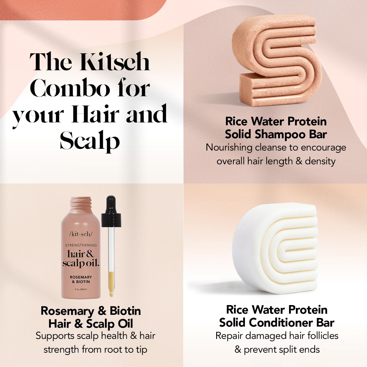 Kitsch Rice Shampoo & Conditioner Bar, Pre-Wash Scalp Serum - Rice Water For Strengthening Hair, Rosemary For Healthy Scalp, Par