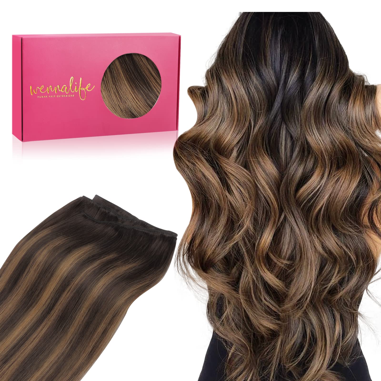 Wennalife Sew In Hair Extensions Real Human Hair, Weft Hair Extensions Human Hair 18 Inch 90G Balayage Dark Brown To Chestnut Br