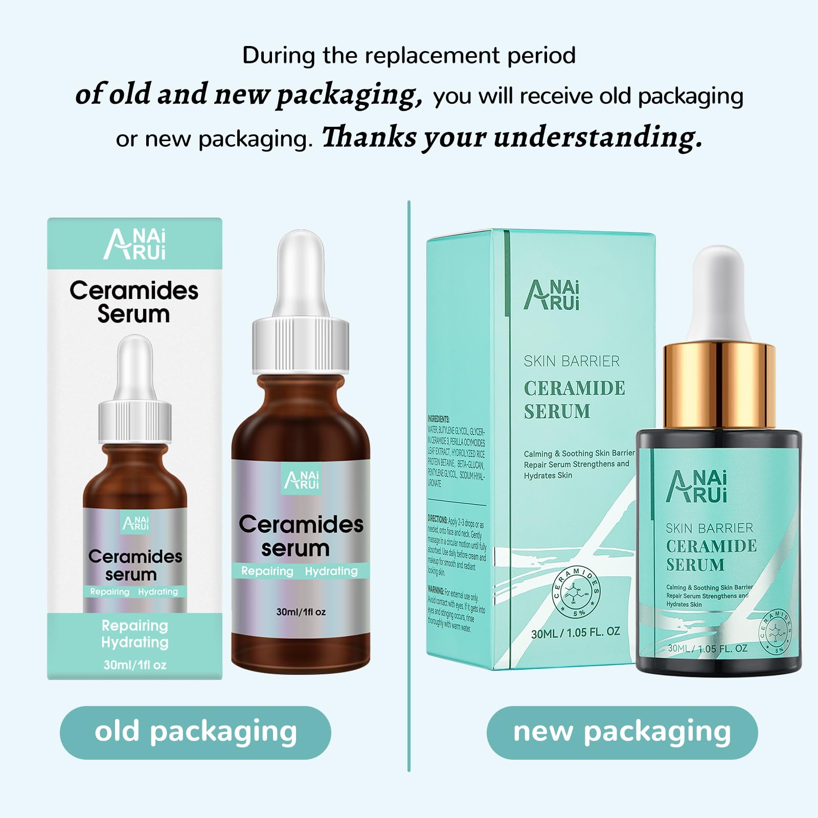 ANAI RUI Ceramide Face Serum, Calming Smooting Serum for face,Skin Barrier Repair Serum with Hyaluronic Acid, Reduces Wrinkles &