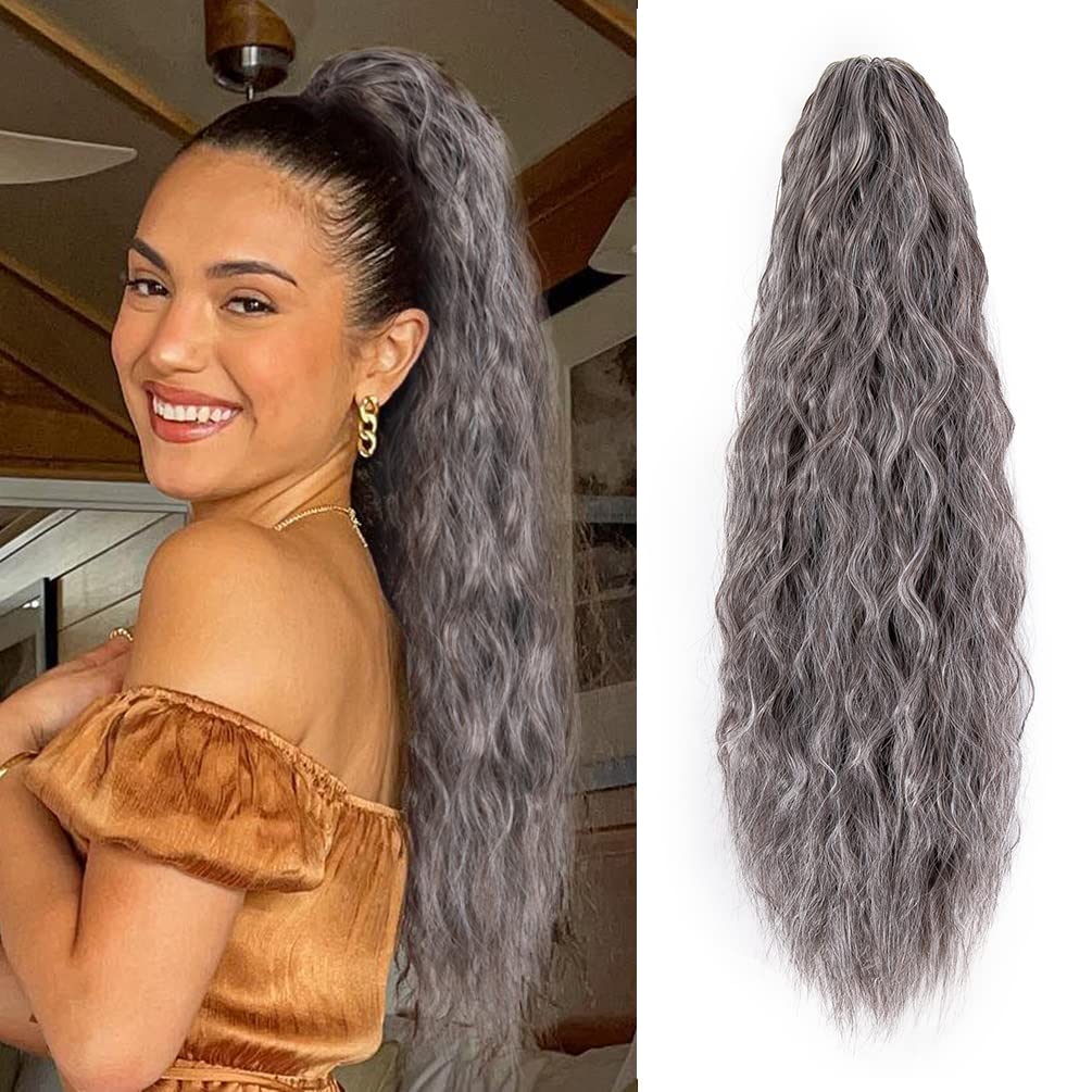 Wavy Ponytail Extension Claw Clip, 22 Inch Corn Wave Pony Tail Synthetic Brown Mixed Blonde Hair, Long Curly Jaw Ponytail Hair E