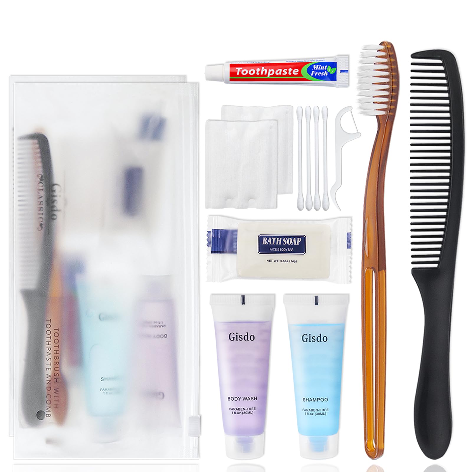 Gisdo 50Pack Toiletry Kits  Personal Hygiene & Travel Kit for Men, Women & Charity  Disposable, Bulk Homeless Care Package Su