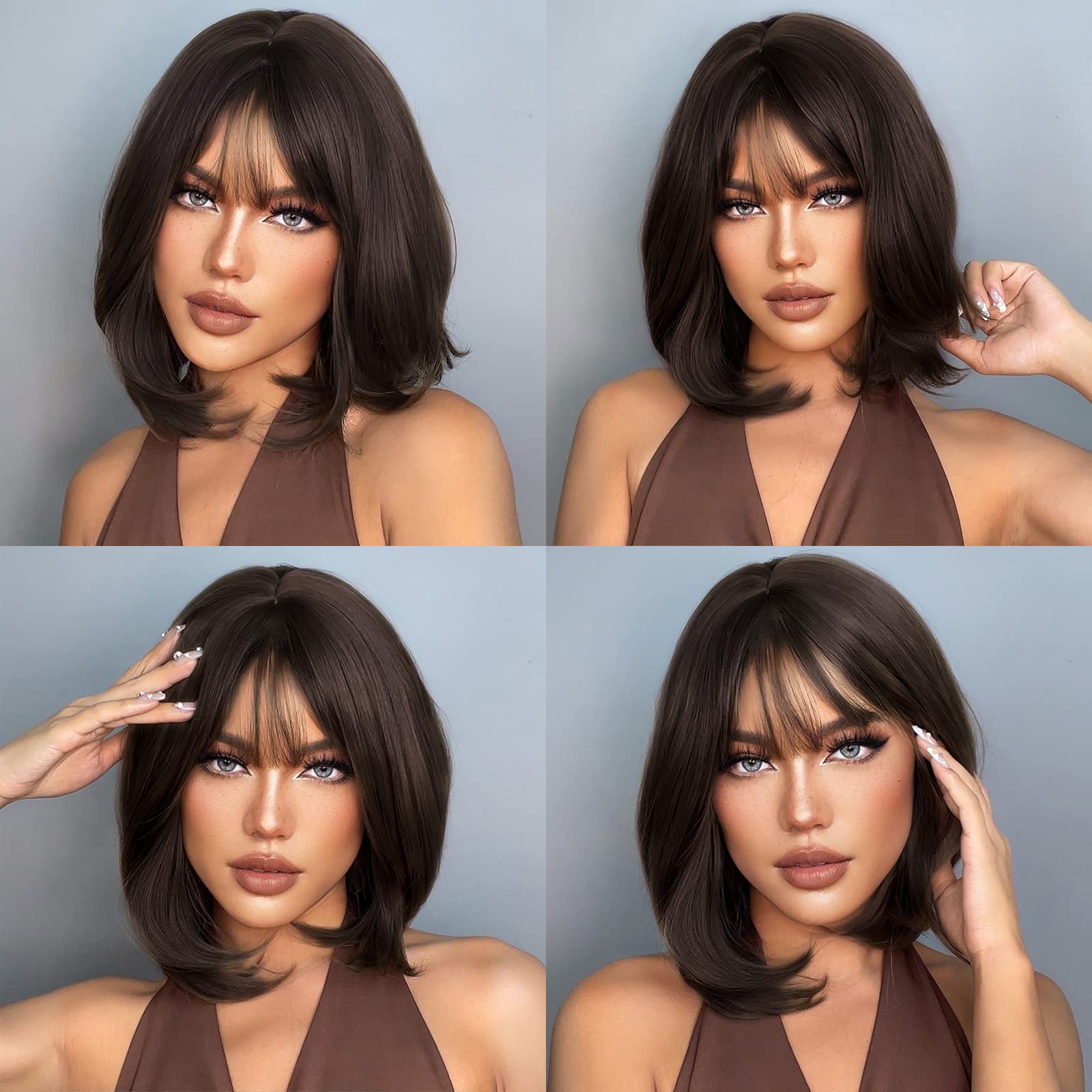 Haircube Bob Wig Short Dark Brown Wig With Bangs,Shoulder Length Synthetic Wigs For Women