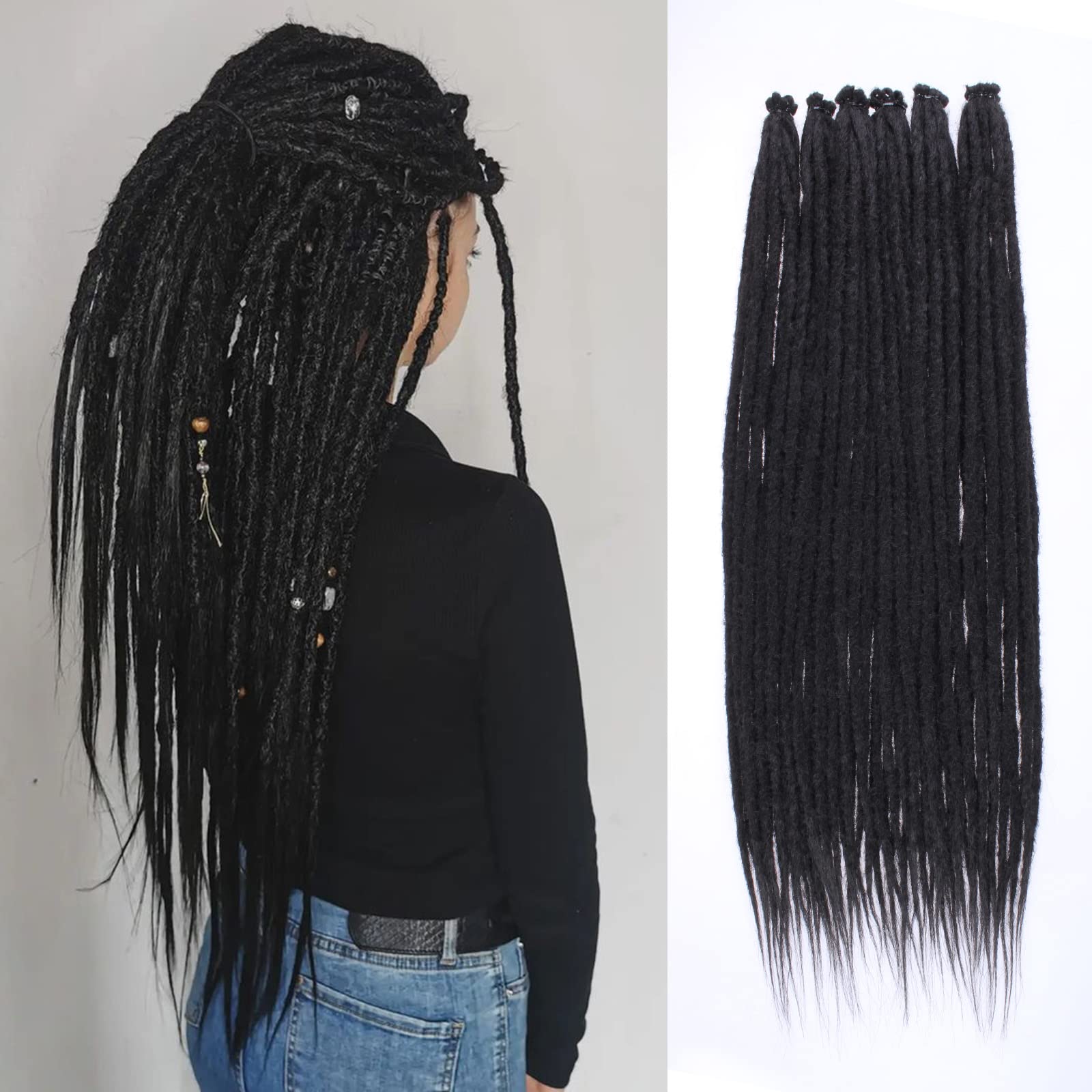 Leeven Thin 24 Inch Dreadlock Extensions 40 Strands Natural Black Soft Hippie SE Dreads 0.6 cm Width Synthetic Loc Extensions Ha