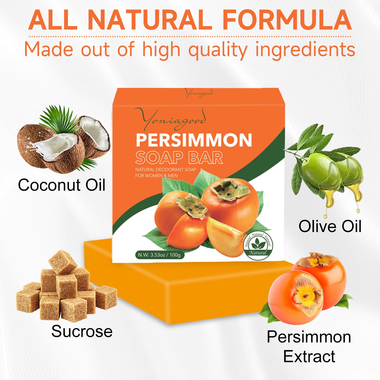 yoniagood Persimmon Soap Bar - 3 PCS Natural Deodorant Body Soap for Odor Control - 3.53 Ounce (Pack of 3)