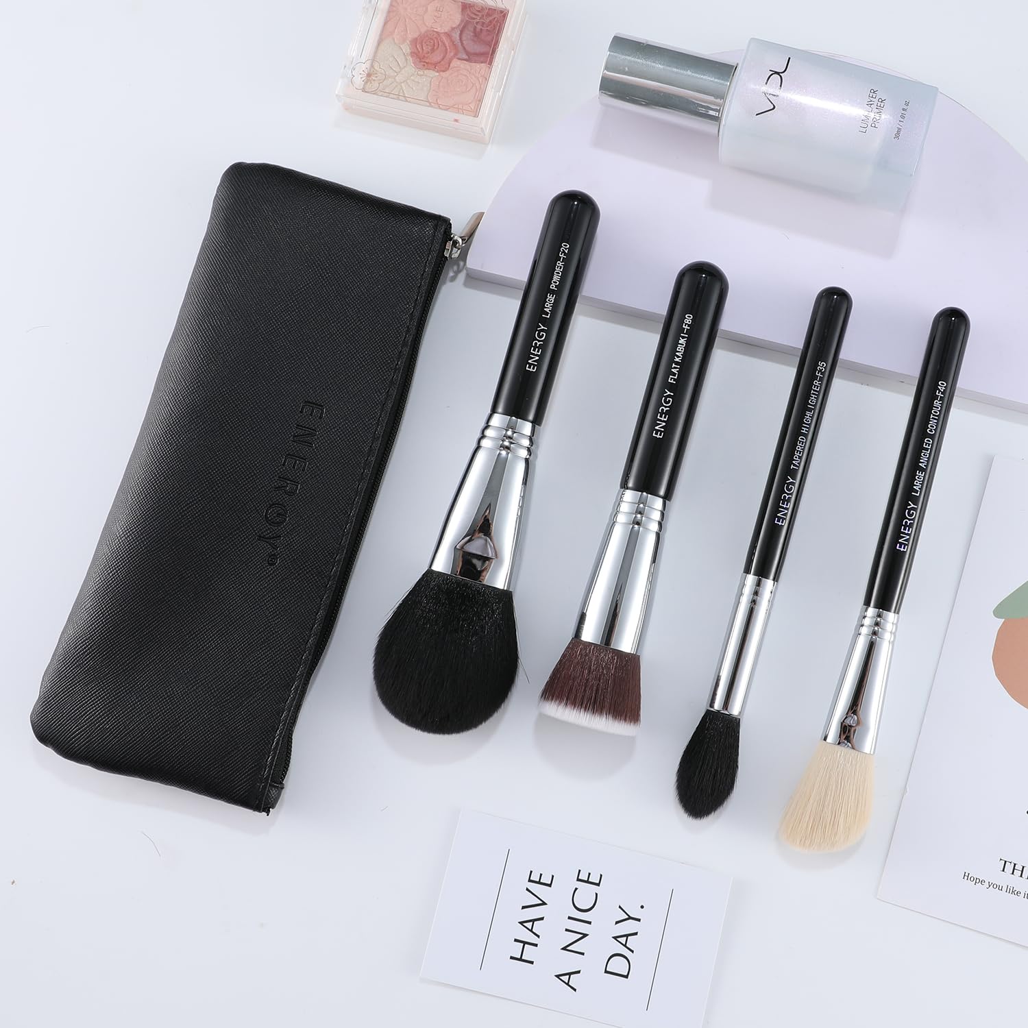 Energy Makeup Brush Set 4Pcs Premium Synthetic Powder Foundation Blush Contour Bronzer Highlighter Makeup Brushes With Black Pu