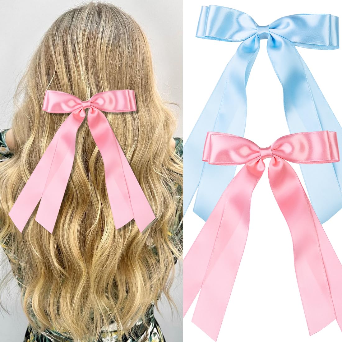 Large Double Hair Bows 2 PCS Satin Ribbon Bow for Women,Hair Bows for Women,Hair Ribbons,Oversized Long-tail Cute Aesthetic Hair