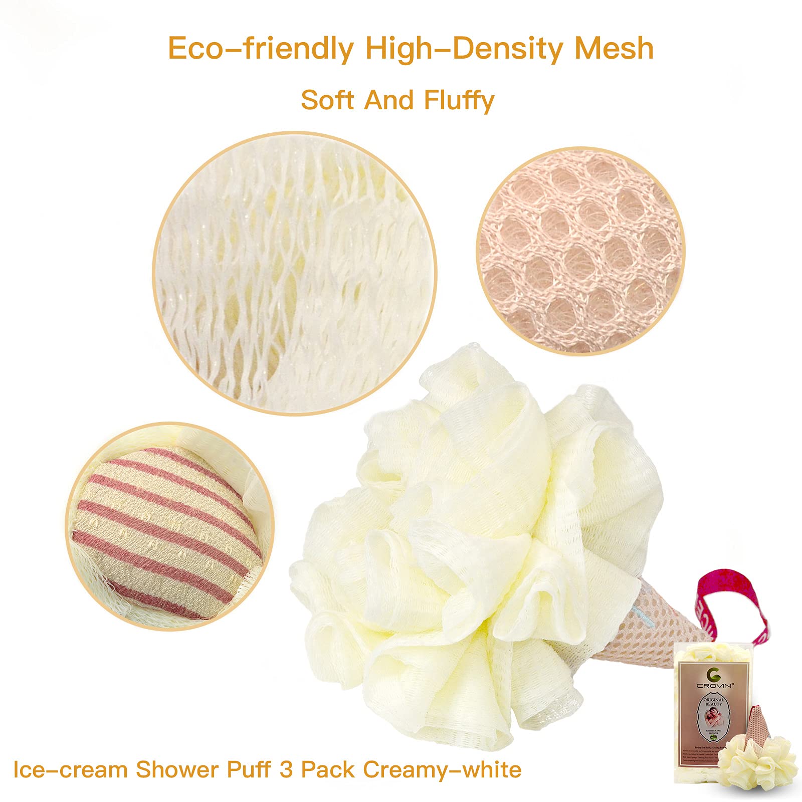 Crovin Ice Cream Bath Sponge Pouf (Set Of 3)-Creamy White Soft Mesh Puff Exfoliating Shower Sponge Ball Body Scrubber For Adults