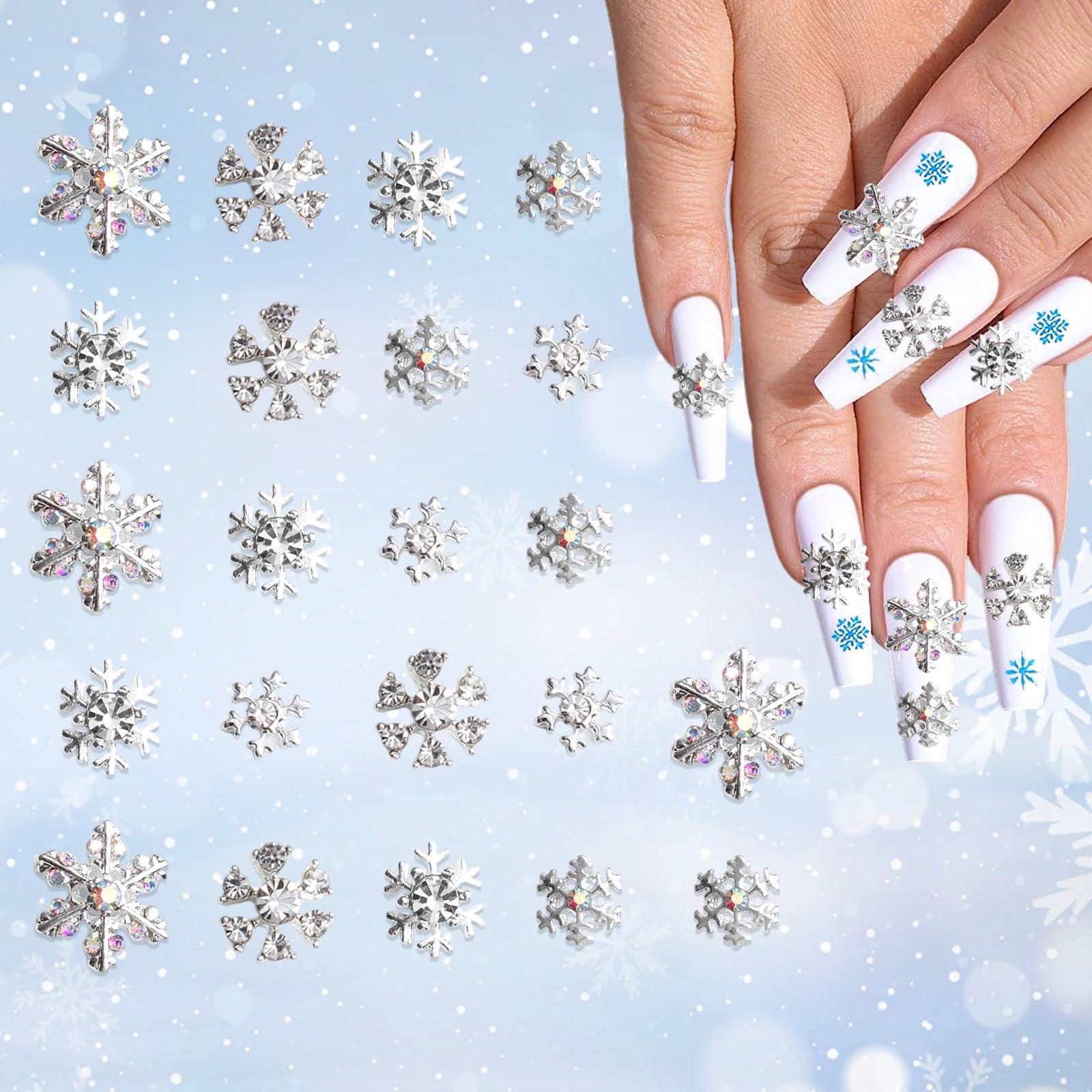 20PCS Christmas Snowflake Nail Charms, Silver Snowflake Charms for Acrylic Nails,3D Alloy Snowflake Nail Charms for DIY Women Ch