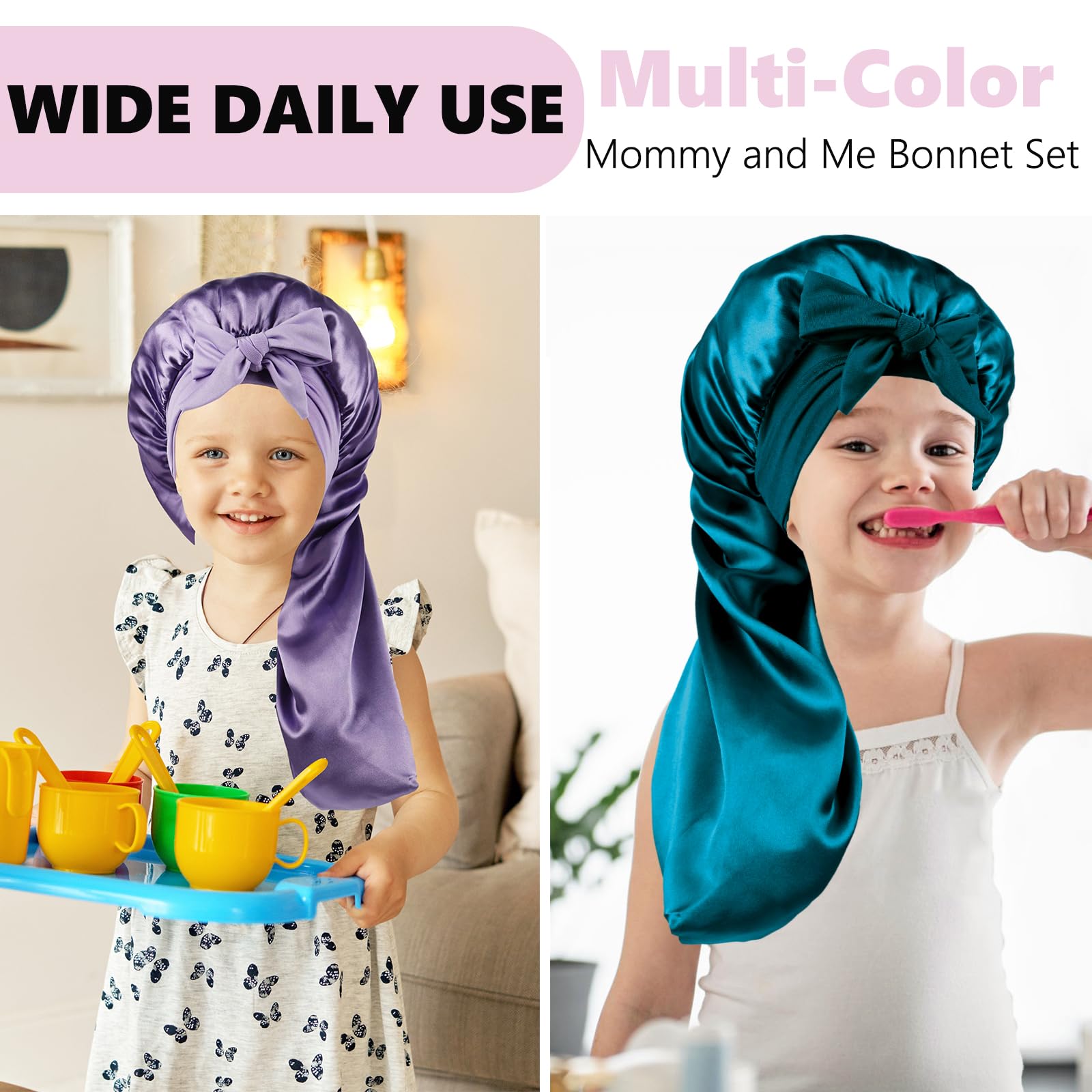 Long Kids Bonnets For Girls,Bonnet For Sleeping Kids,Satin Bonnet For Kids Braids,Curly Hair (Teal)