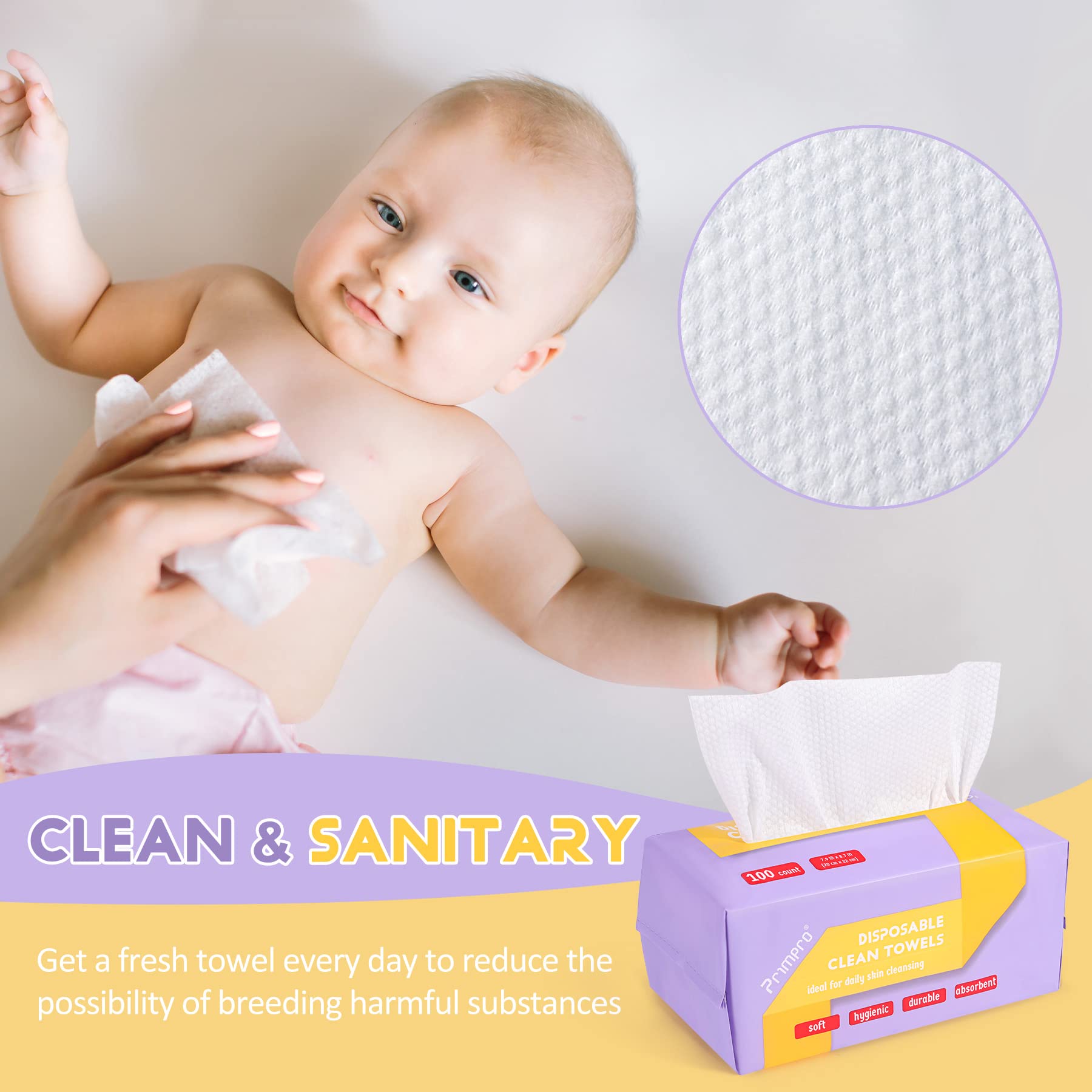 Primpro 100 Count Disposable Face Towels For Bathroom Guest Hand Washcloth Lint-Free Dry Wipes Biodegradable Facial Cleansing To