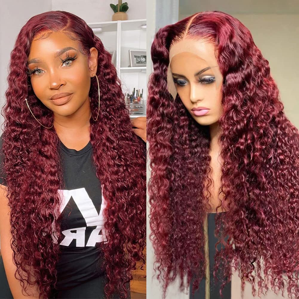 Alibeauty 99J Burgundy Lace Front Wigs Human Hair Pre Plucked with Baby Hair 13x4 HD Transparent Deep Wave Lace Frontal Wigs Hum