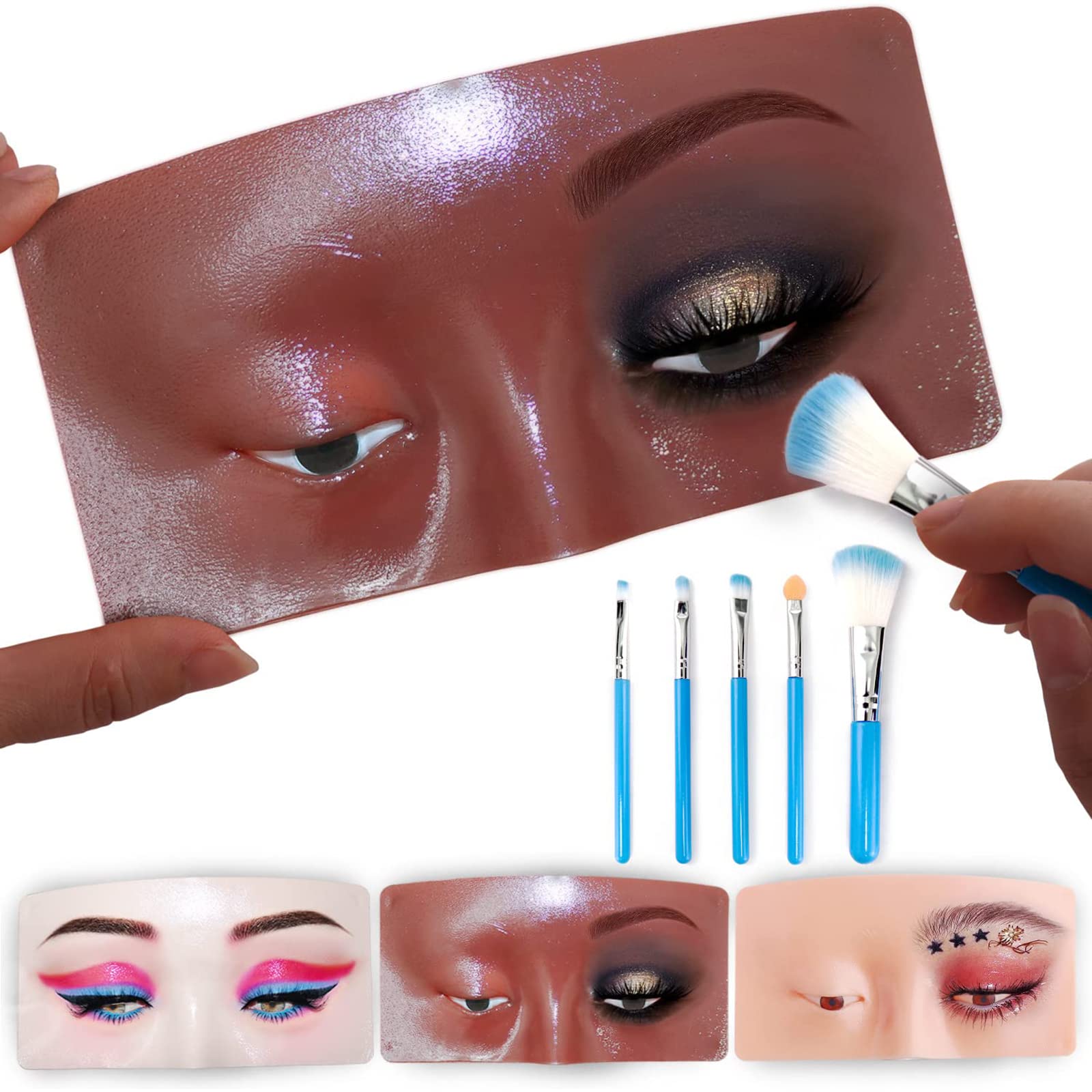 Bueuo Makeup Practice Face Board, 3D Silicone Mannequin with 5 Brushes, Black, Model MPF-B, Ideal for Beginners and Professionals