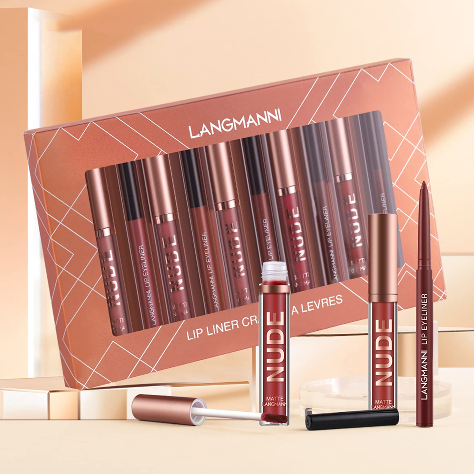 Langmanni 6 Matte Lipstick With 6 Lipliners Durable Makeup Set,Long-Lasting Non-Stick Cup Not Fade Waterproof Pigmented Velvet L
