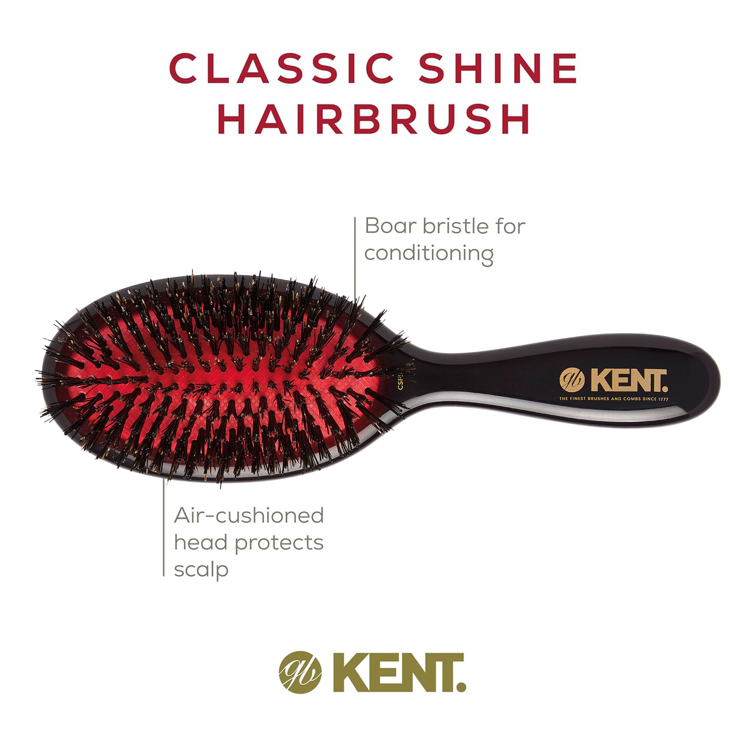 Kent CSFS Classic Shine Large Oval Cushion Straightening Brush and Hair Detangler - Natural Black Boar Bristle Hair Brush - Shin