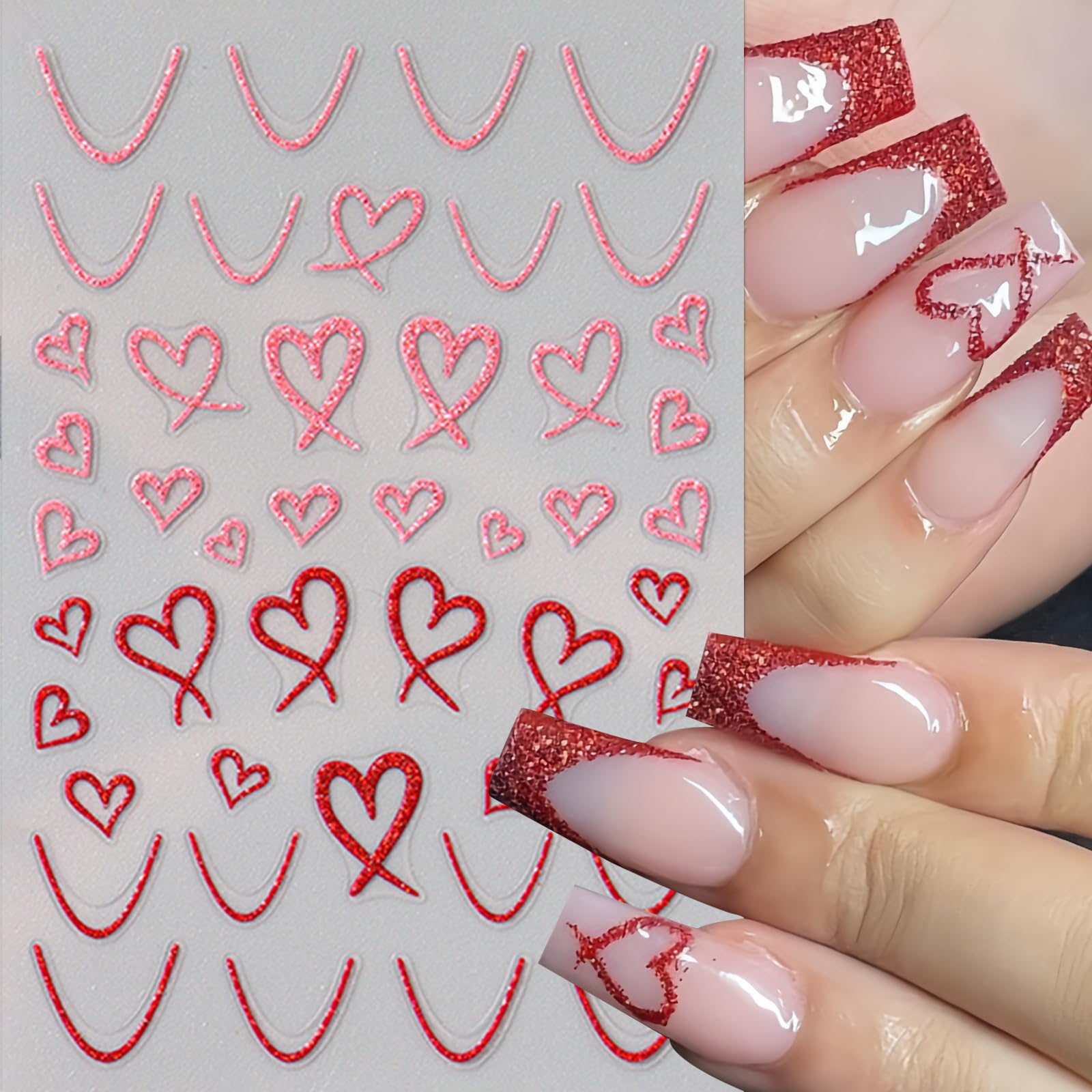 8Pcs Valentine'S Day Nail Art Stickers Hollow Hearts Nail Decals 3D Self Adhesive Black White Pink Peach Heart Shaped Nail Desig