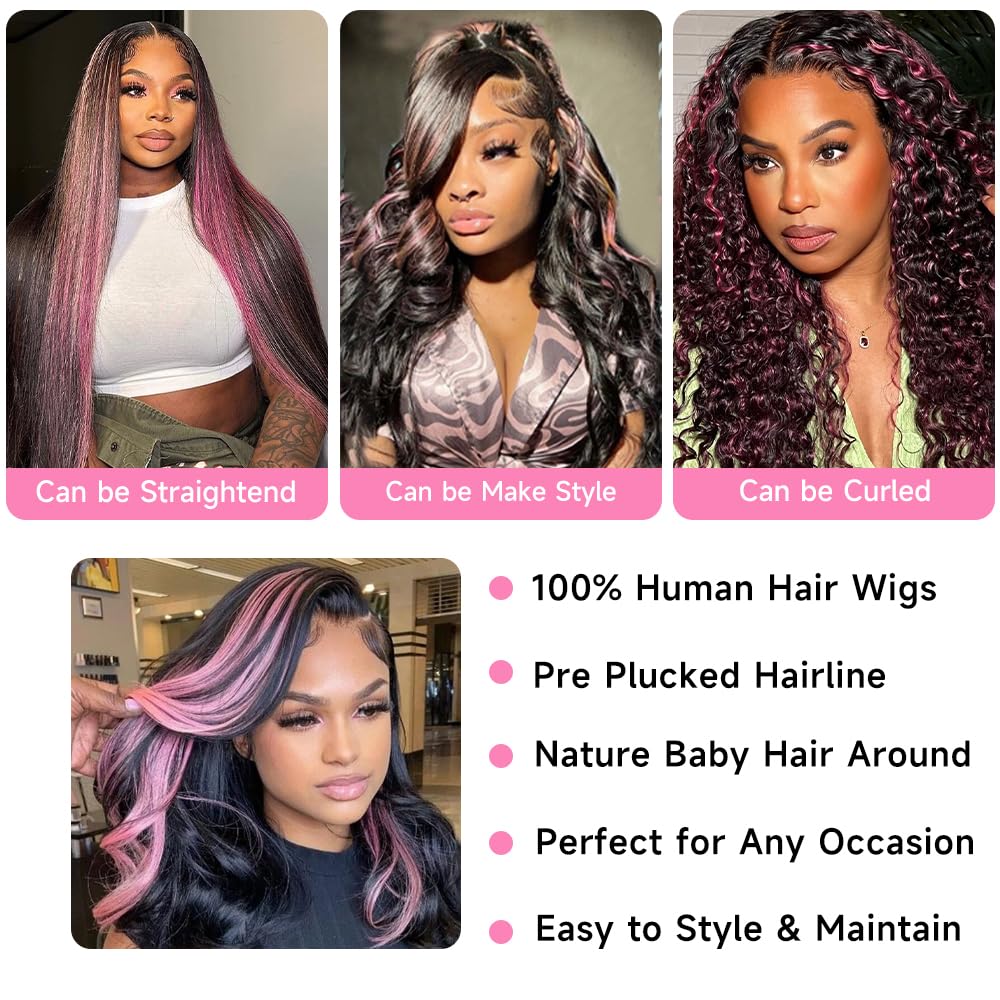 Avolo Ombre Lace Front Wig Human Hair Pre Plucked 13X4 1B/Pink Body Wave Skunk Stripe Pink Highlight Lace Front Wig Human Hair C