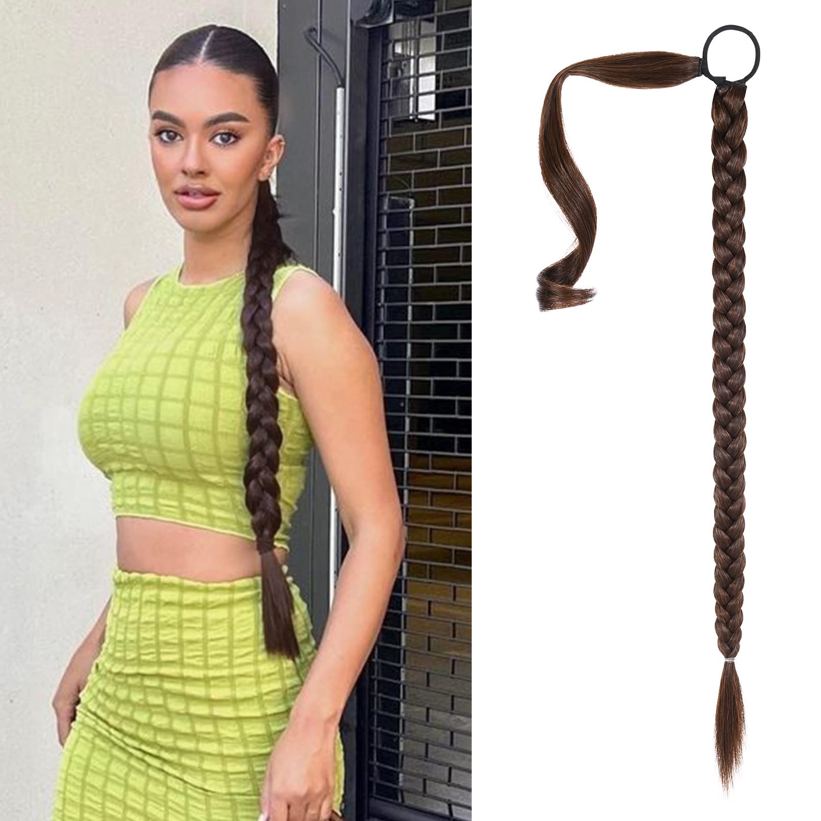 SEIKEA Upgraded Long Braid Ponytail Extension with Elastic Tie Straight Sleek Wrap Around Braid Hair Extensions Ponytail Dark Br