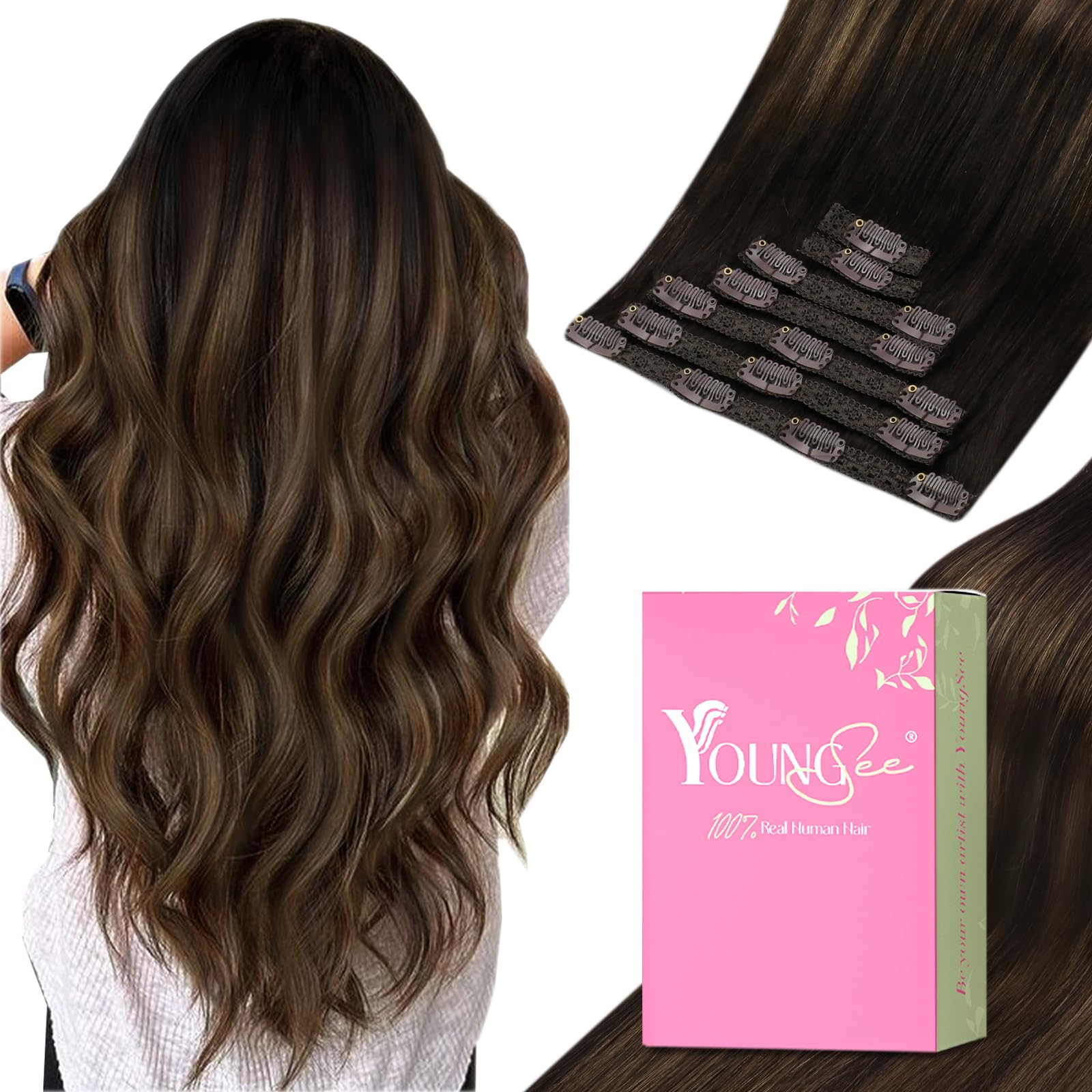 YoungSee Clip in Human Hair Extensions Balayage Hair Extensions Clip ins Dark Brown Mix Medium Brown Highlights Brown Balayage S