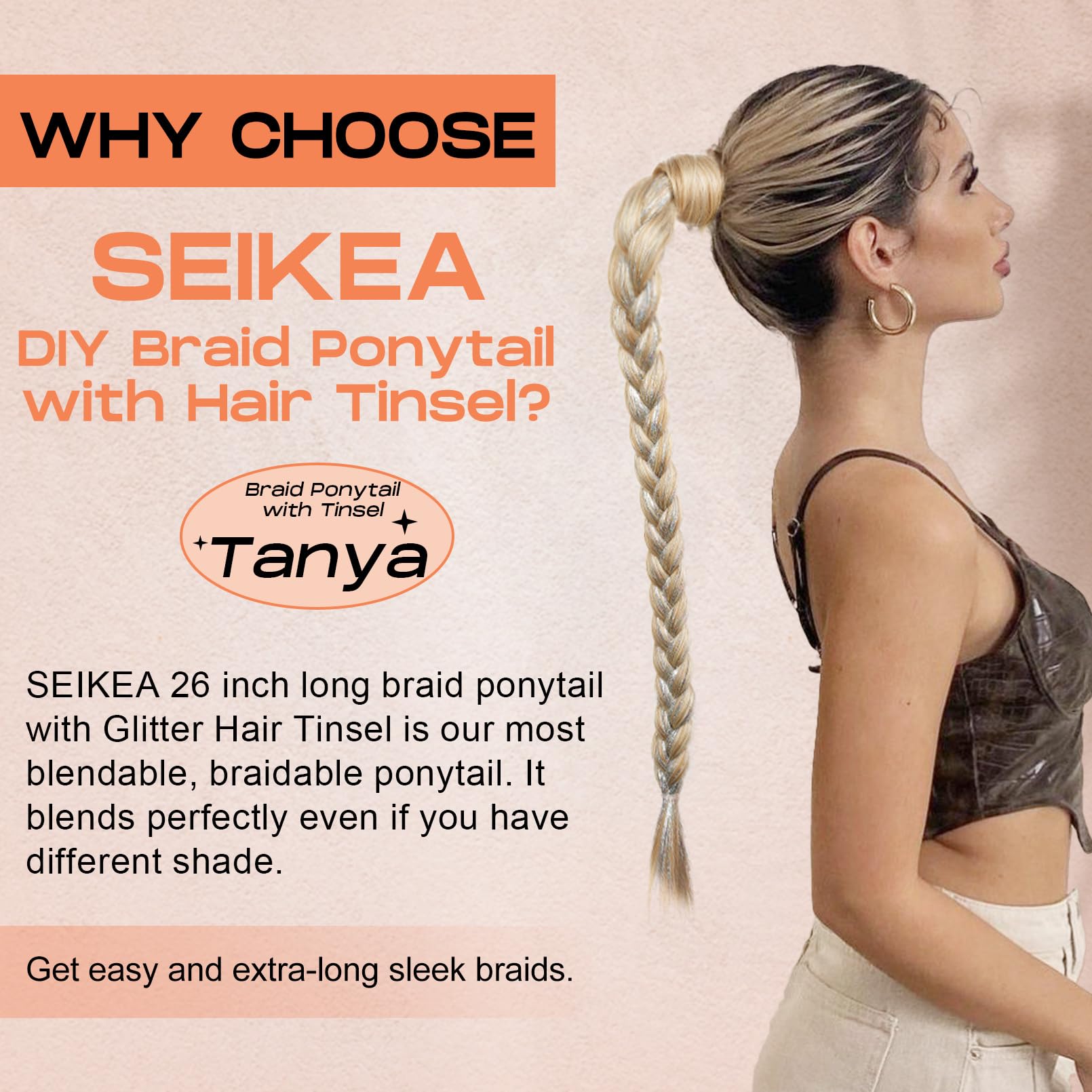 Seikea Braid Ponytail Extension With Glitter Hair Tinsel, 2Pcs 26'' Long Straight Diy Braid Hair Extension With Hair Tie, Wrap A