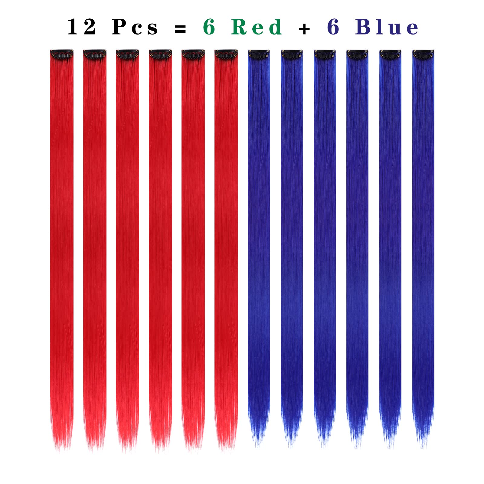 12PCS Colored Red and Blue Hair Extensions 22 Inch Colorful Clip in Hair Extensions Straight Synthetic Hairpiece for Women Kids