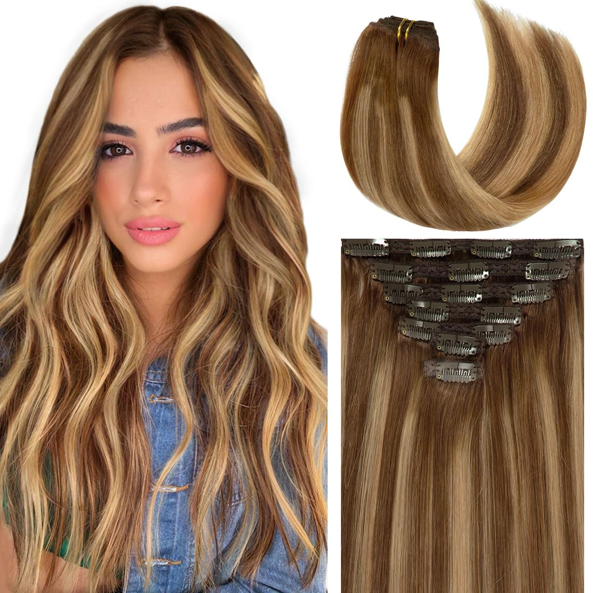 Caliee Real Hair Extension Clip in Human Hair Extensions for Full Head R4-4/27 Balayage Natural Straight Hair Extensions for Wom