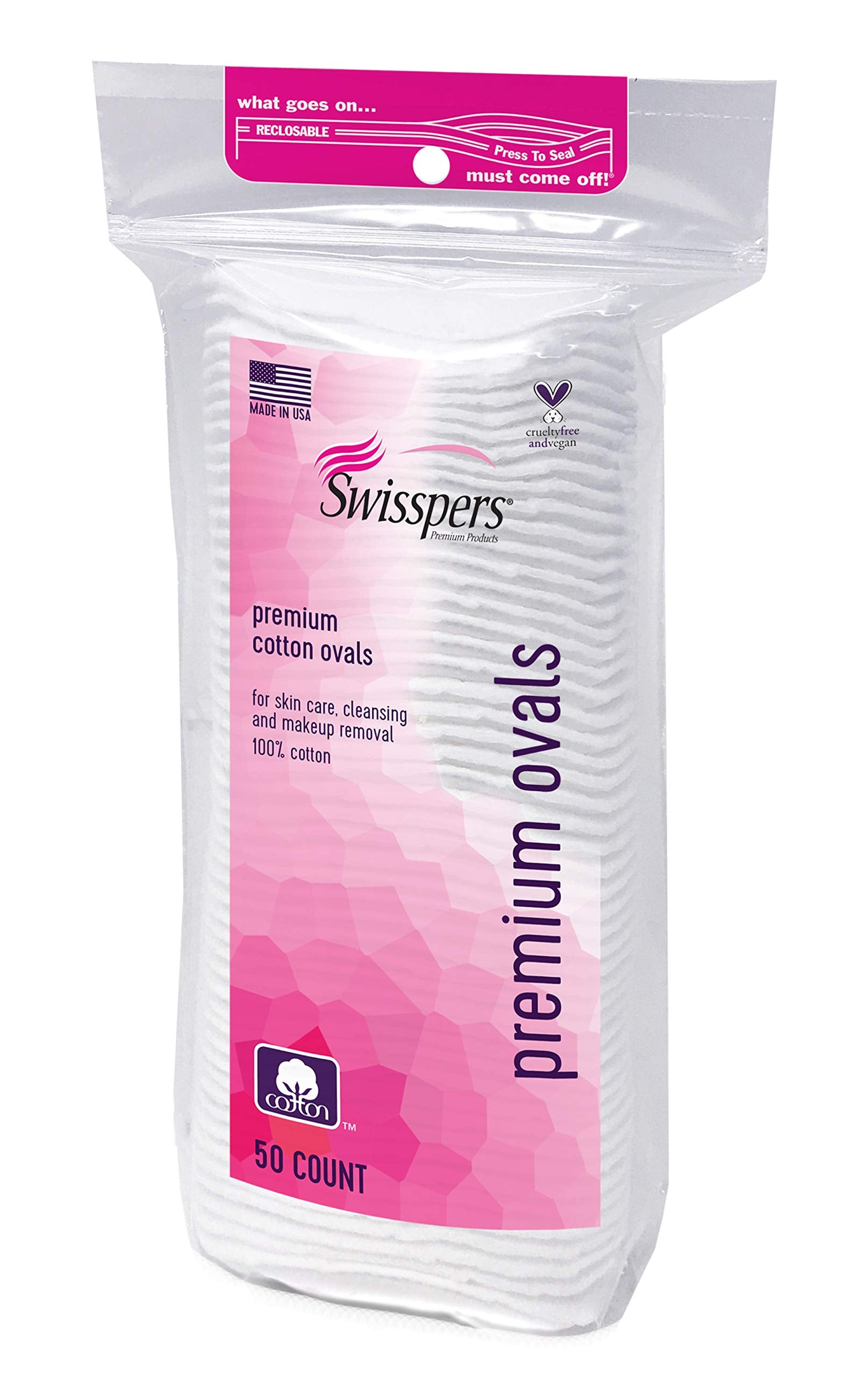 Swisspers Premium 100 Percent Cotton Ovals, Reclosable Bags, 50 Count Bags, 2 Pack (100 Count Total)