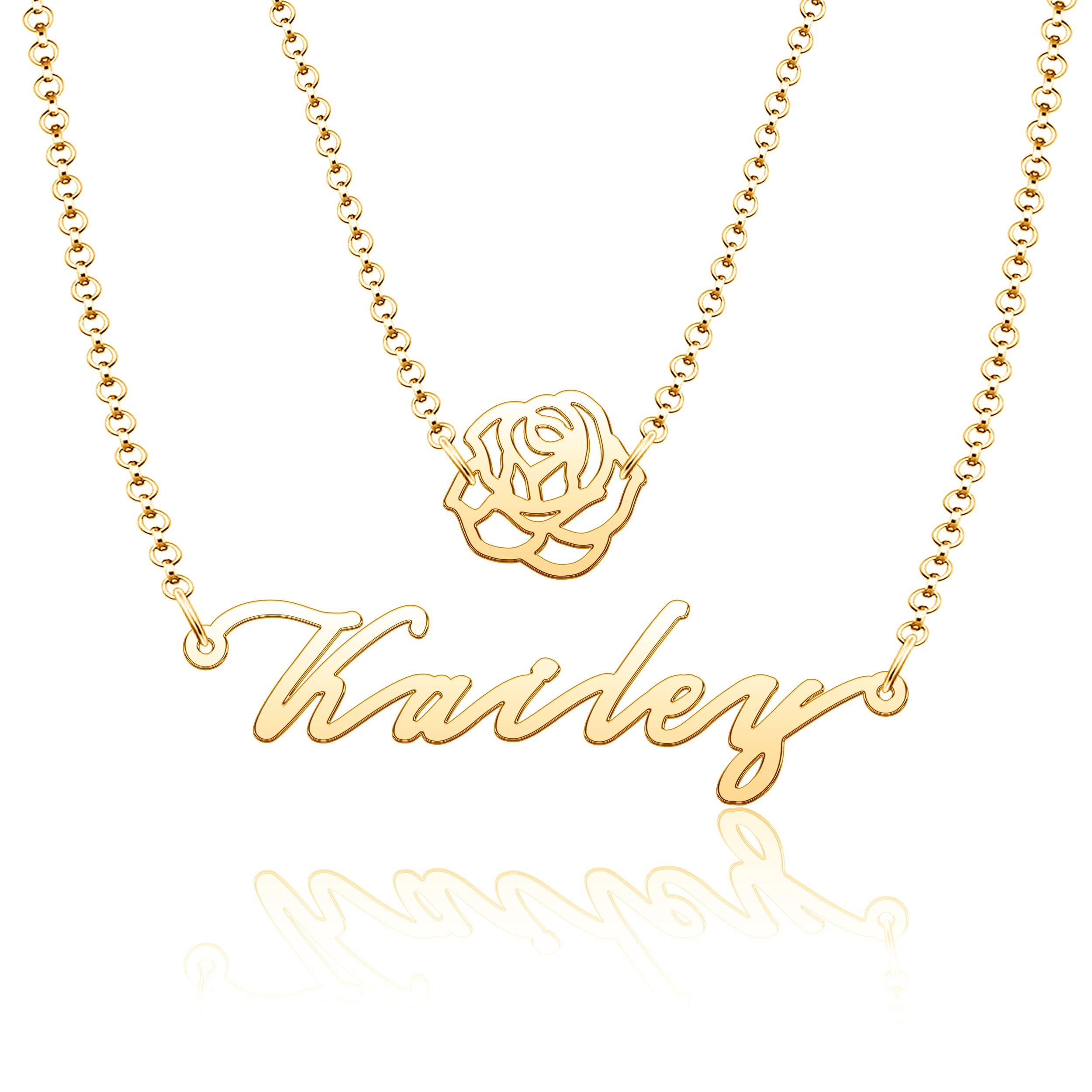 CoolJewelry Cursive Script Necklace Rose Flower Pendant Necklace Custom Necklace Personalized Name Necklace for Women for
