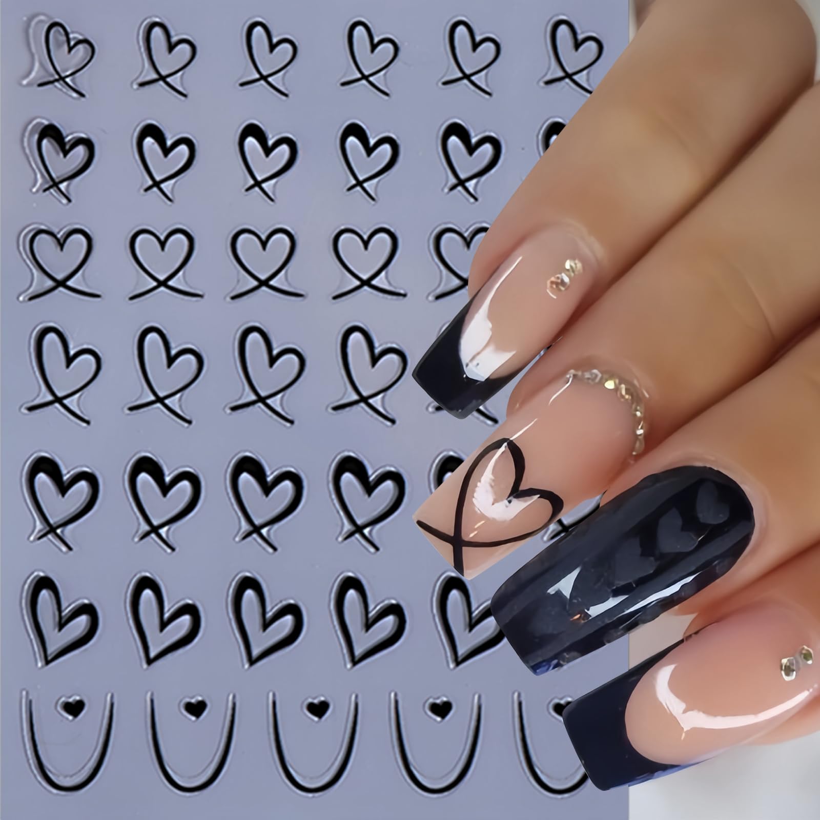 8Pcs Valentine'S Day Nail Art Stickers Hollow Hearts Nail Decals 3D Self Adhesive Black White Pink Peach Heart Shaped Nail Desig