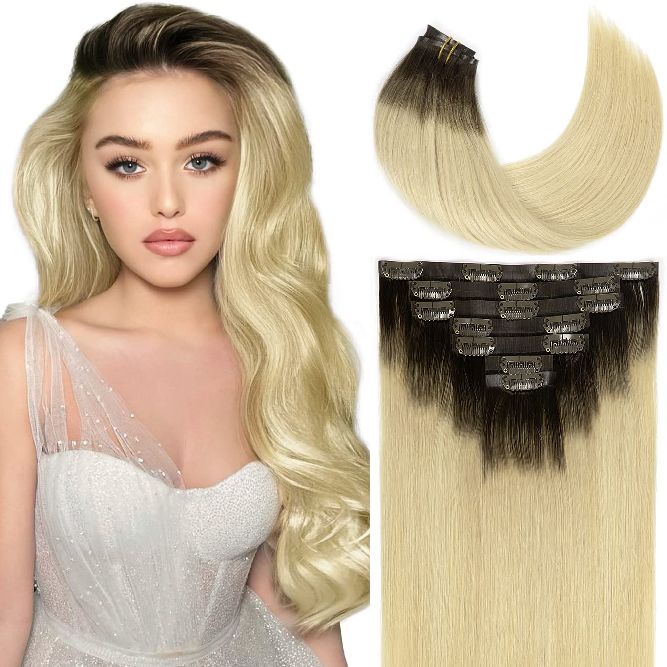Loxxy Blonde Clip in Hair Extensions 16Inch 110g With 16Clips Invisible Seamless Human Hair Clip ins Color Darkest Brwom to Plat
