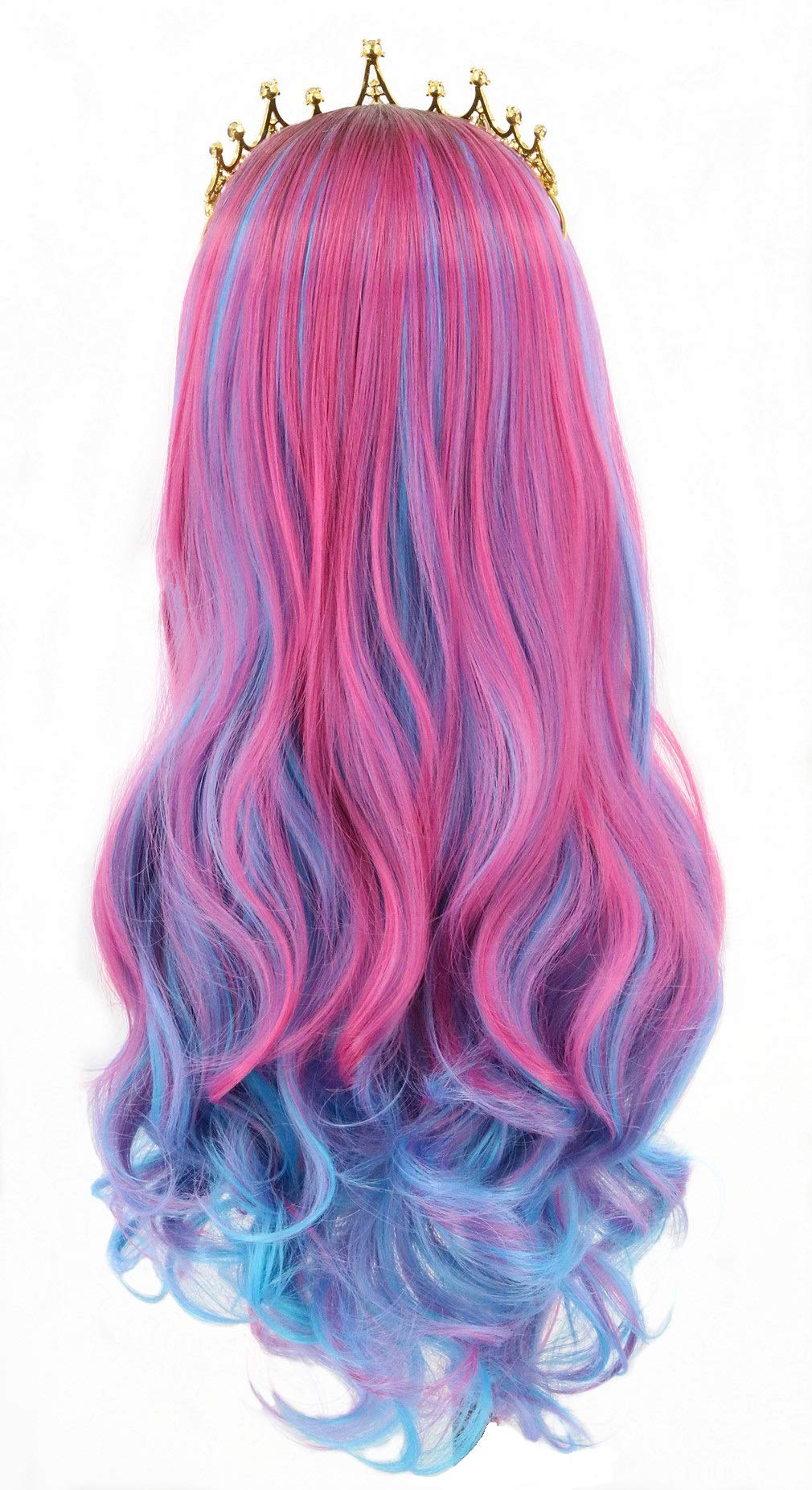 Topcosplay Kids Child Girls Wig Long Wavy Pink Mixed Blue Halloween Costume Party Wig Black Roots