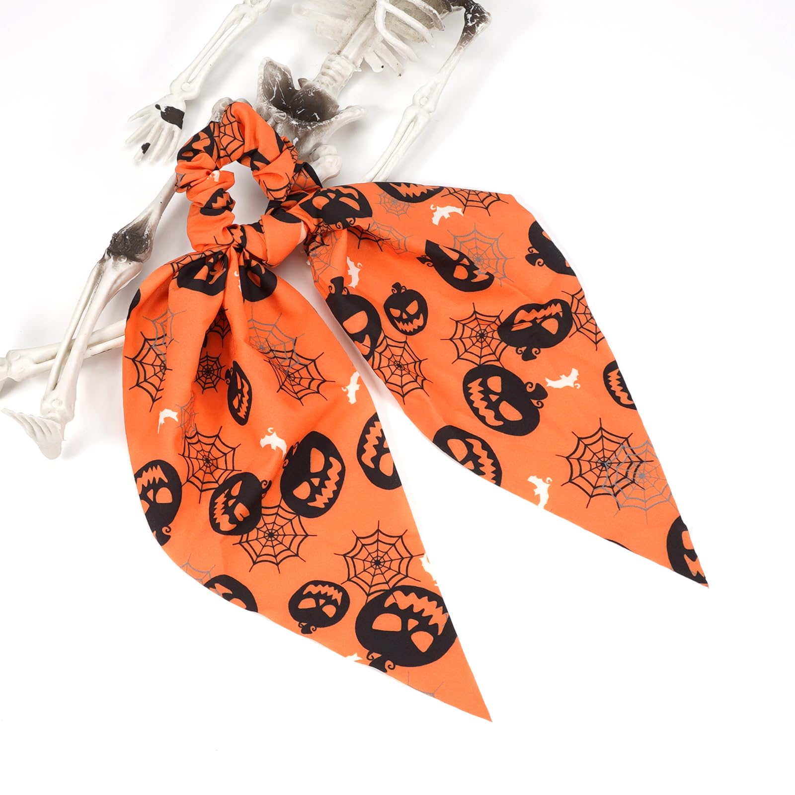 Halloween Hair Ties For Women Girls Spooky Spider Web Skeleton Bat Pumpkin Hair Scrunchies Black Orange Hair Tie Ribbon Hair Bow