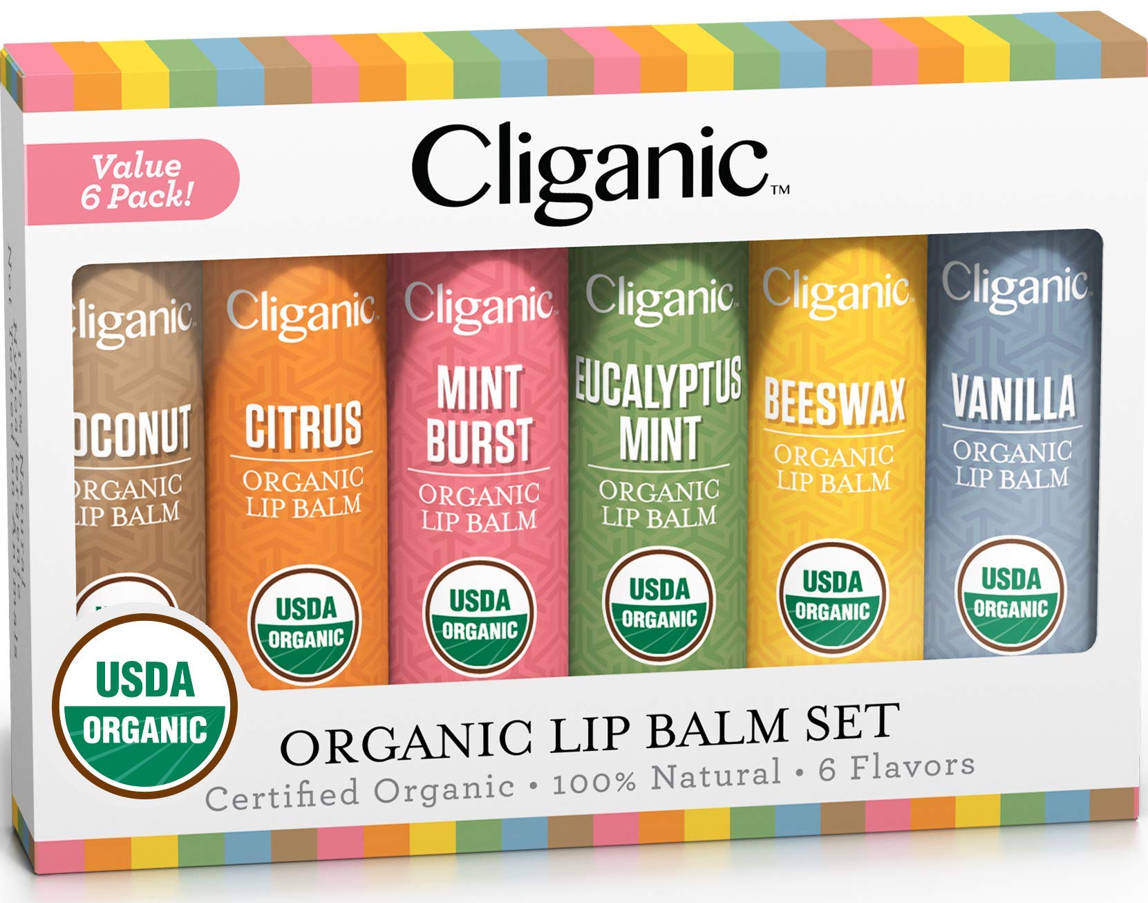 Cliganic Usda Organic Lip Balm Set - 6 Flavors - 100% Natural Moisturizer For Cracked & Dry Lips