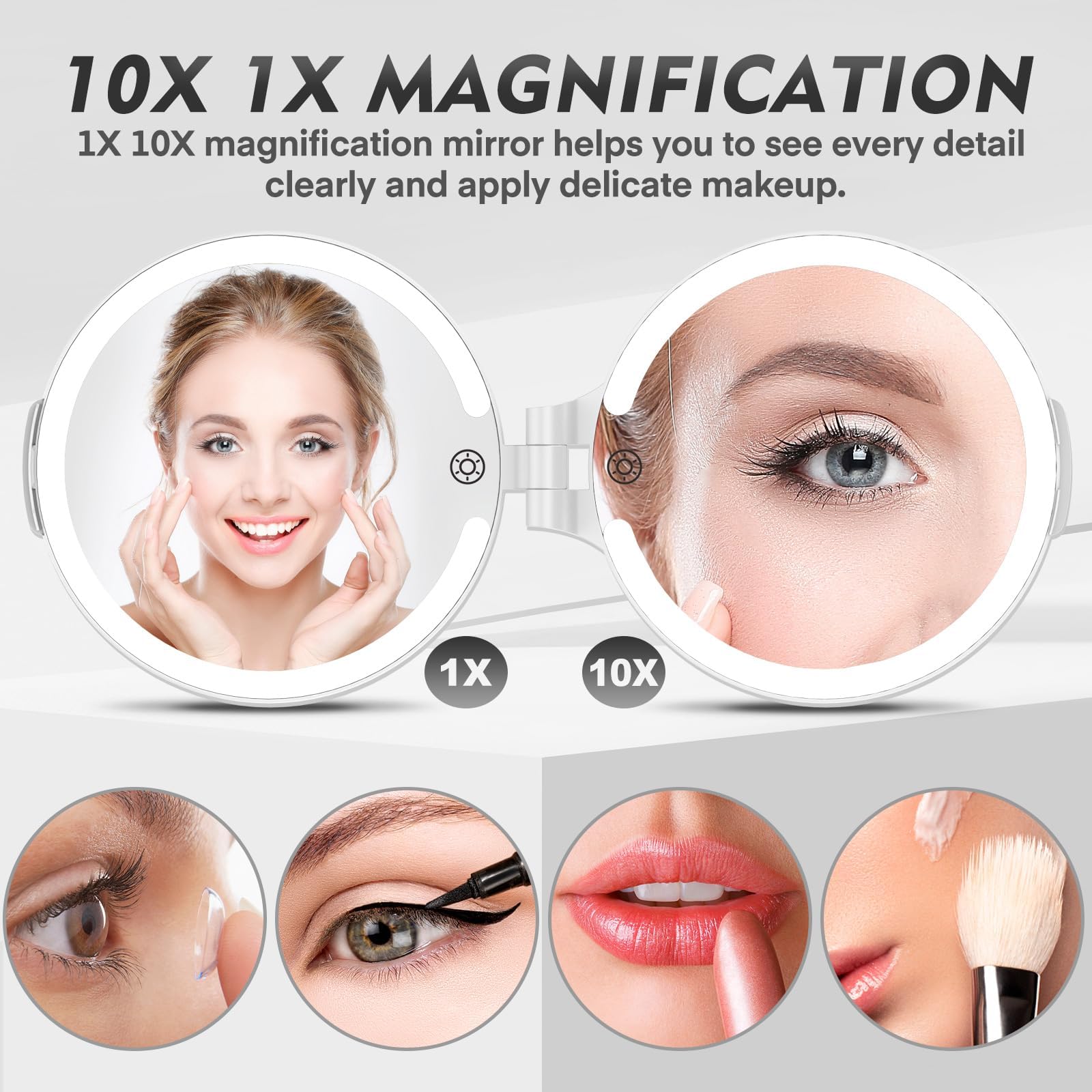 Funtouch Travel Magnifying Mirror With Light, Rechargeable 1X/10X Double Sided Makeup Mirror With Lights, 3 Lighting Modes, Fold