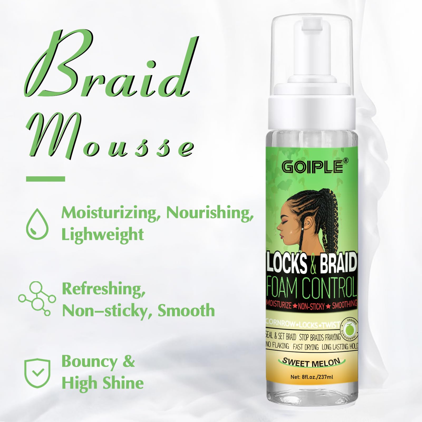 Goiple Braid Mousse, 8 Fl Oz For Braids Twist, Locs - Long-Lasting Hold, Frizz Control, High Shine And Moisturizes, Sugar Melon
