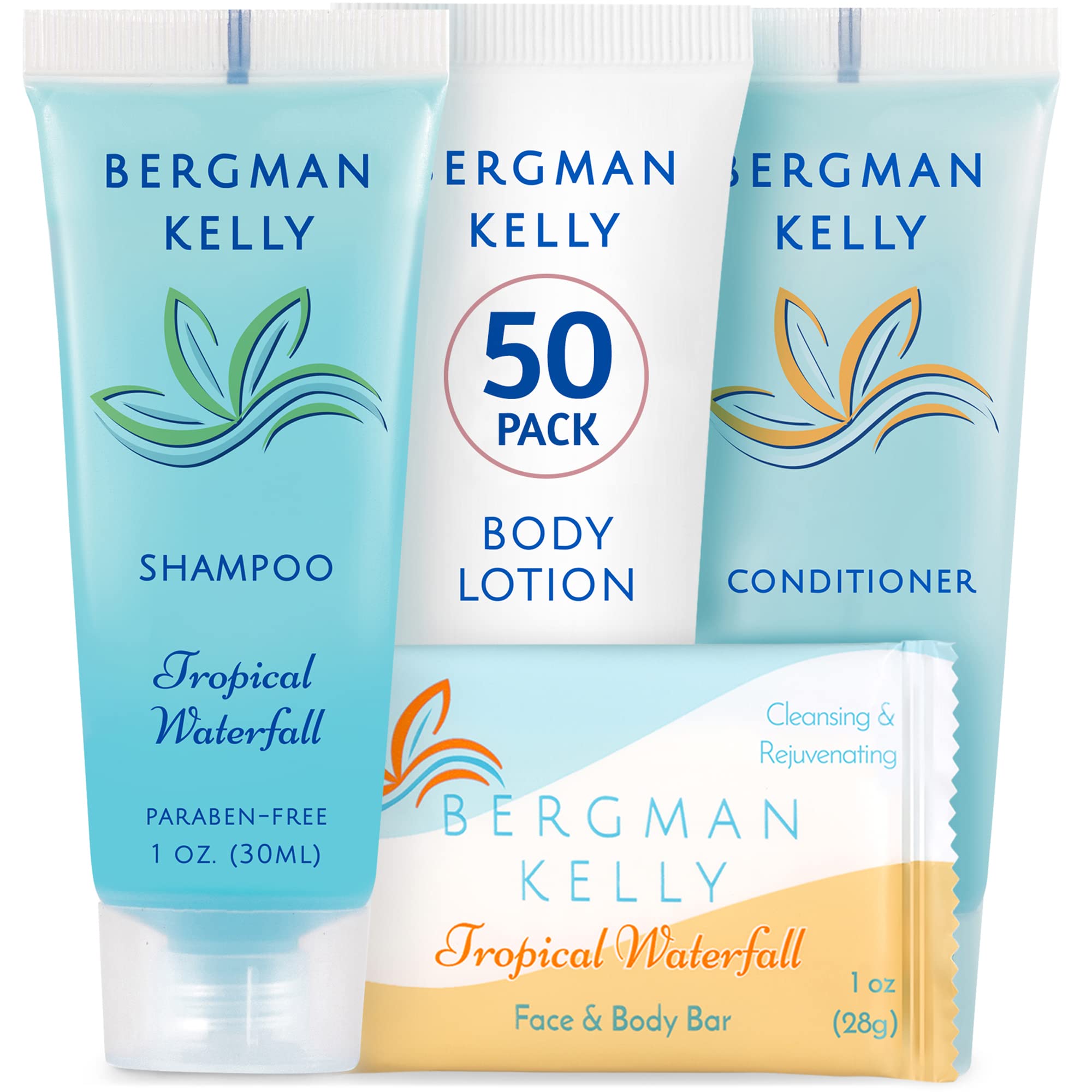 Bergman Kelly Hotel Toiletries Bundle (Tropical Waterfall, 1 Oz Each, 200 Pieces) 4-Piece Set: 50 Rectangular Bar Soap, 50 Shamp