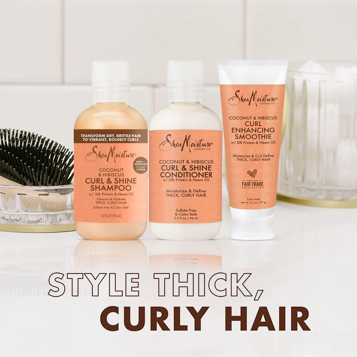 SheaMoisture Curl & Shine Shampoo, Conditioner & Curl Enhancing Smoothie, Travel-Size -  Coconut & Hibiscus Curly Hair Products