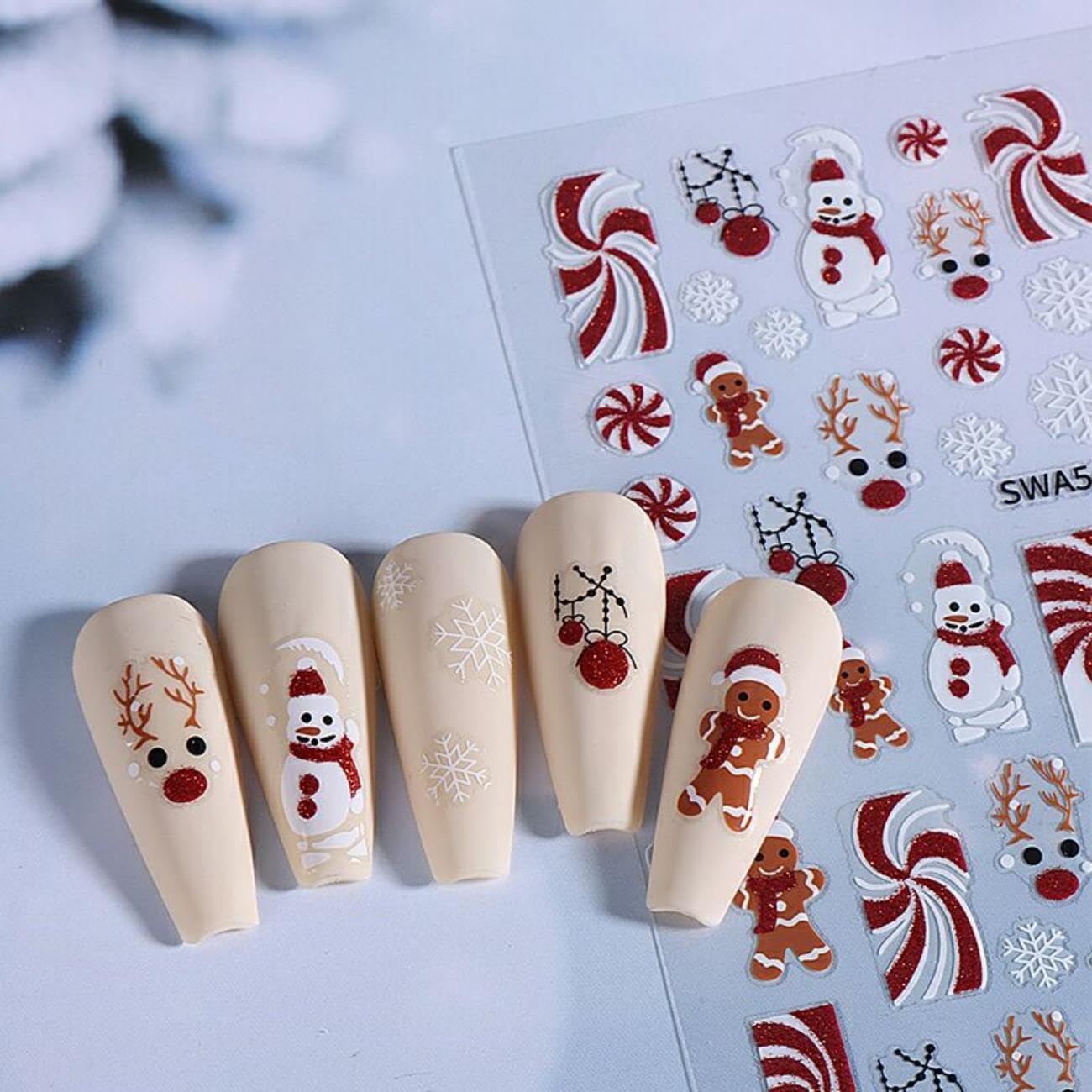 8 Sheets Christmas Nail Art Stickers Decals Self-Adhesive Pegatinas Uas Holiday Santa Hat Snowman Snowflake Elk Gingerbread Xmas